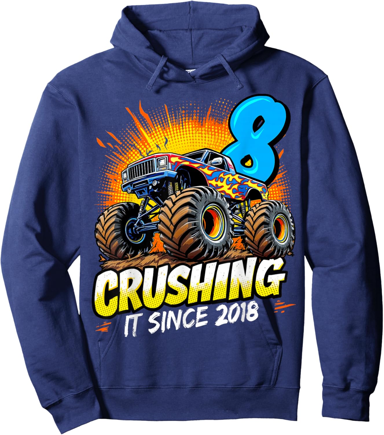 Birthday Monster Truck 8 Year Old Boys 8th Party Born 2018 Hoodie - Hoodie | Navy
