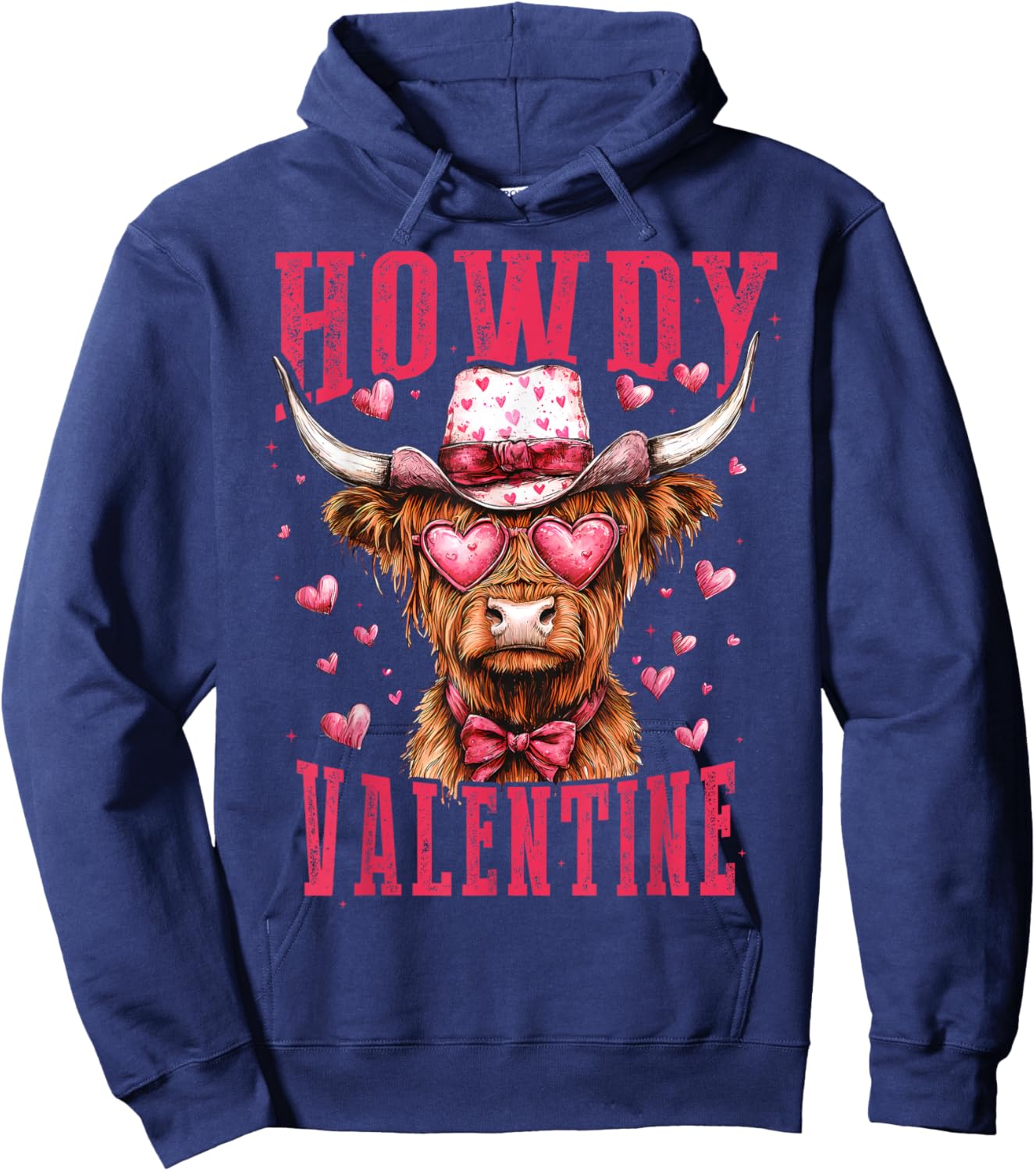 Retro Howdy Valentine Western Highland Cow Heart Glasses Hoodie - Hoodie | Navy