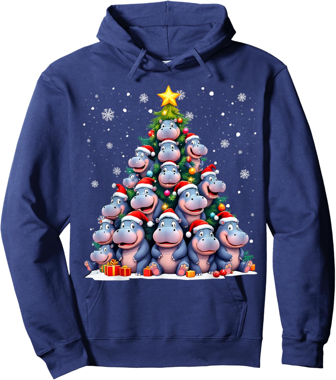 Funny Christmas Tree Hippo Family Xmas Pajamas Hoodie - Hoodie | Navy