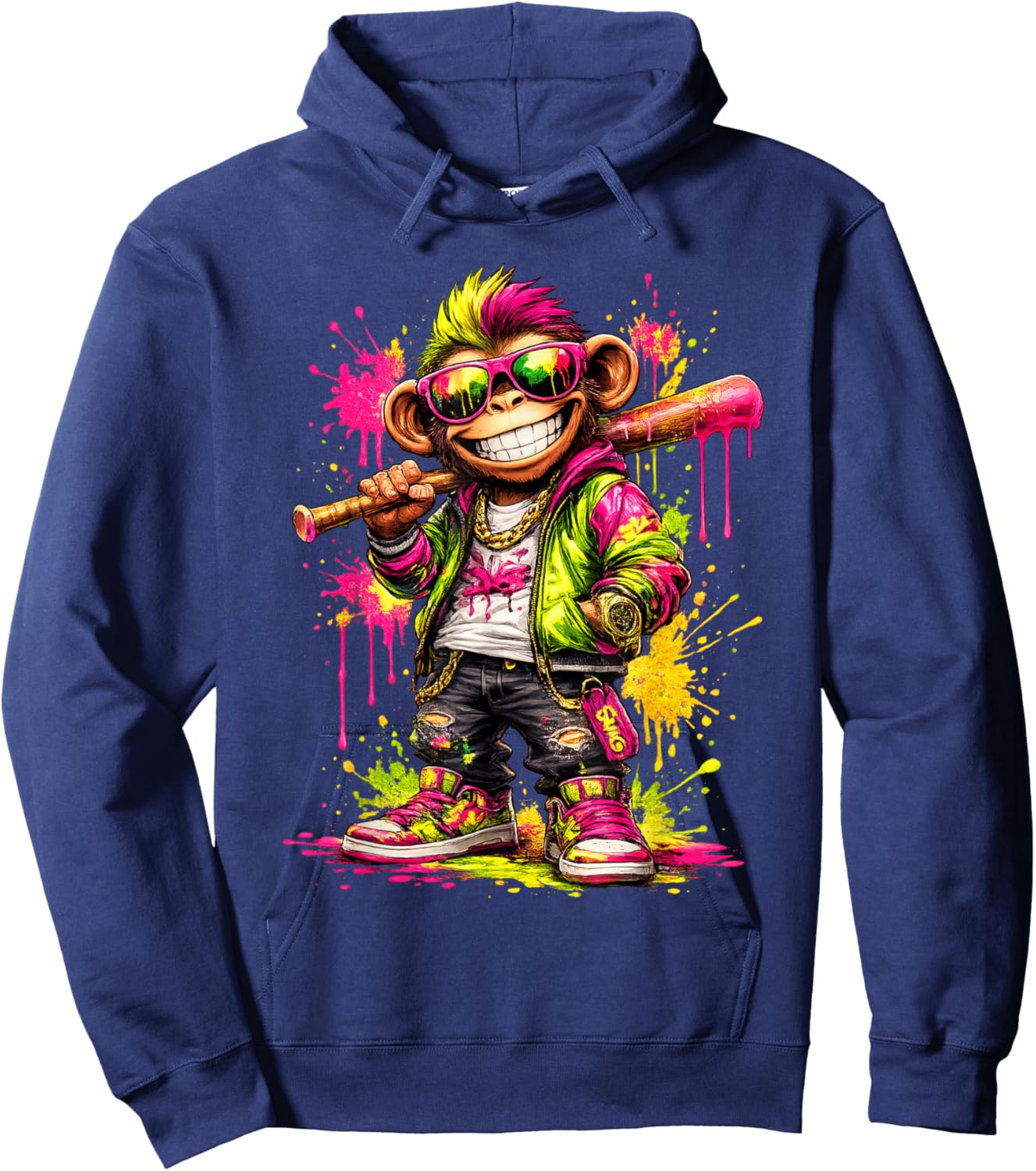 Monkey Baseball Drip Funny Animal Party Sport Cool Graphic Hoodie - Hoodie | Navy