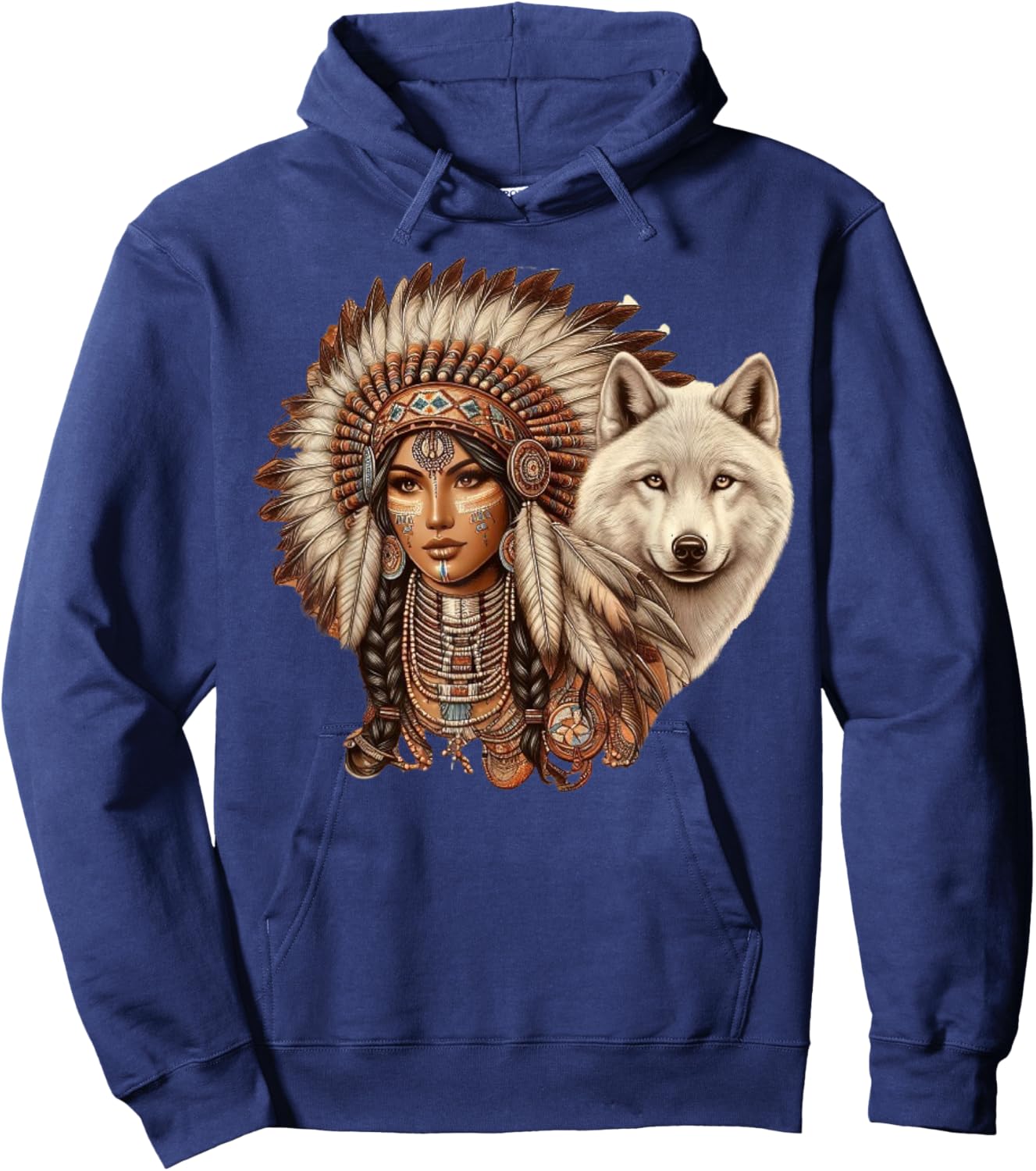 Indian Native American Woman with White Wolf Vintage Hoodie - Hoodie | Navy