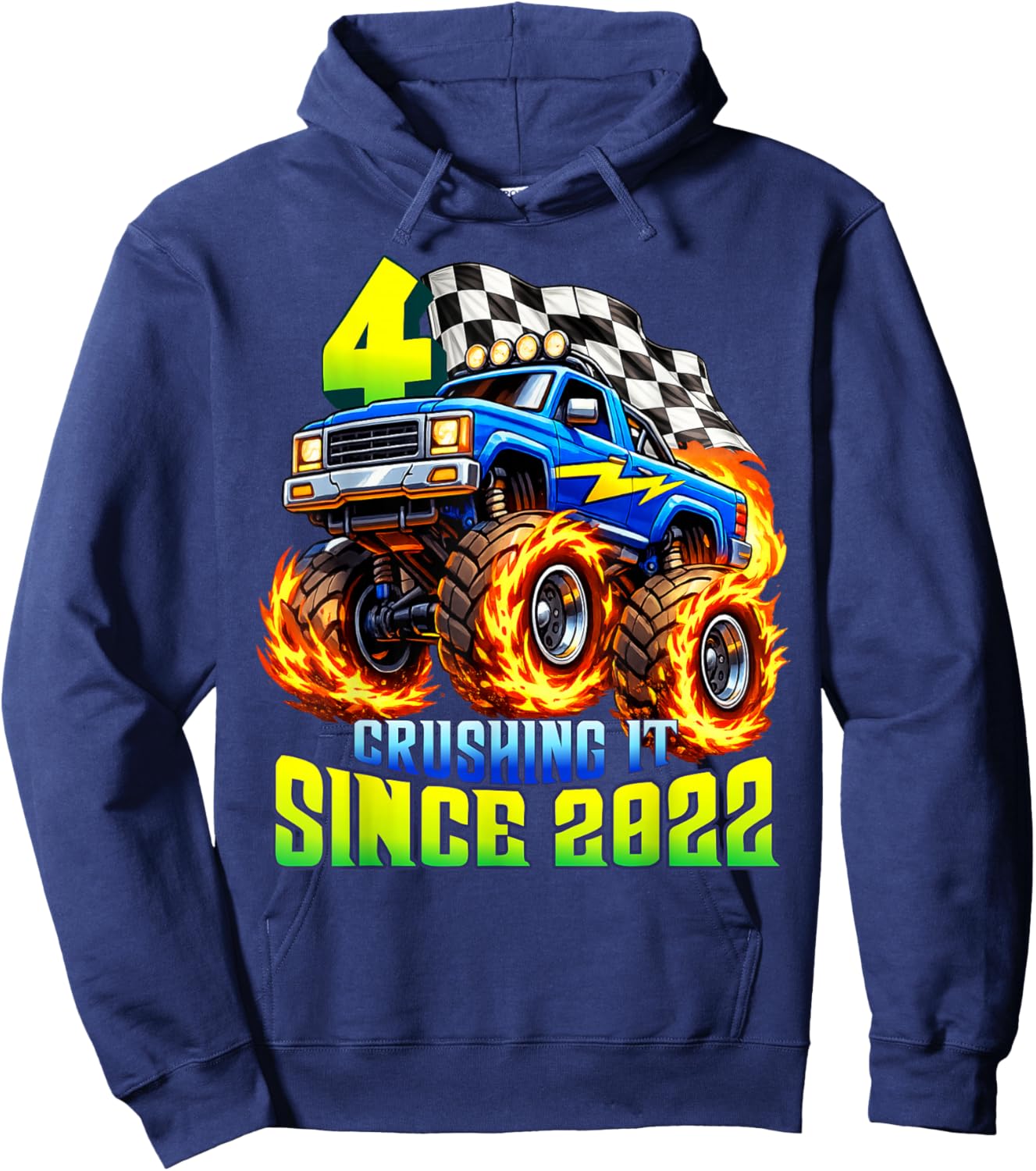 Monster Truck 4th Birthday Crushing It Since 2022 Party Boys Hoodie - Hoodie | Navy