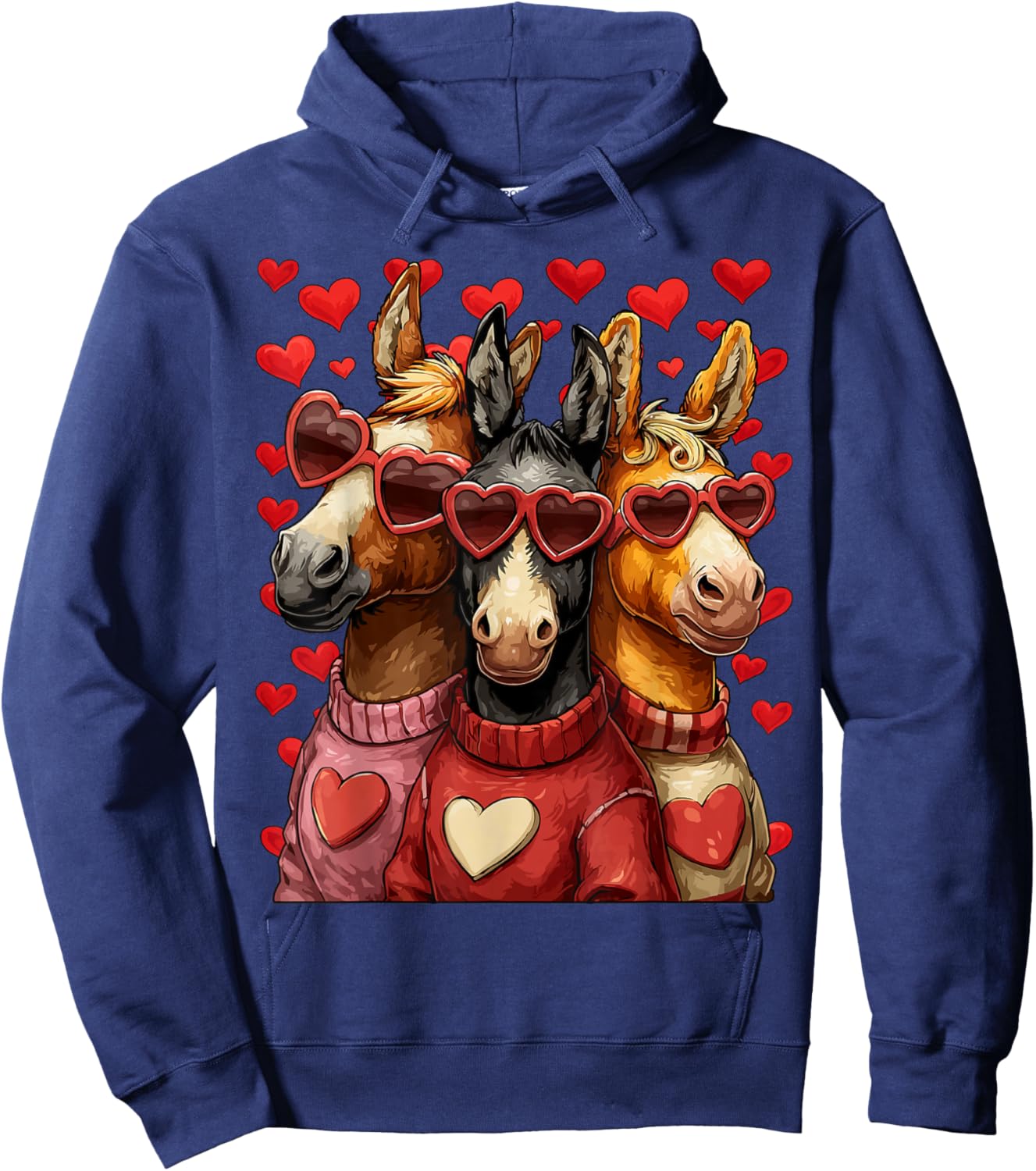 Cute Horses with Heart Sunglasses Valentines Day Hearts Love Hoodie - Hoodie | Navy