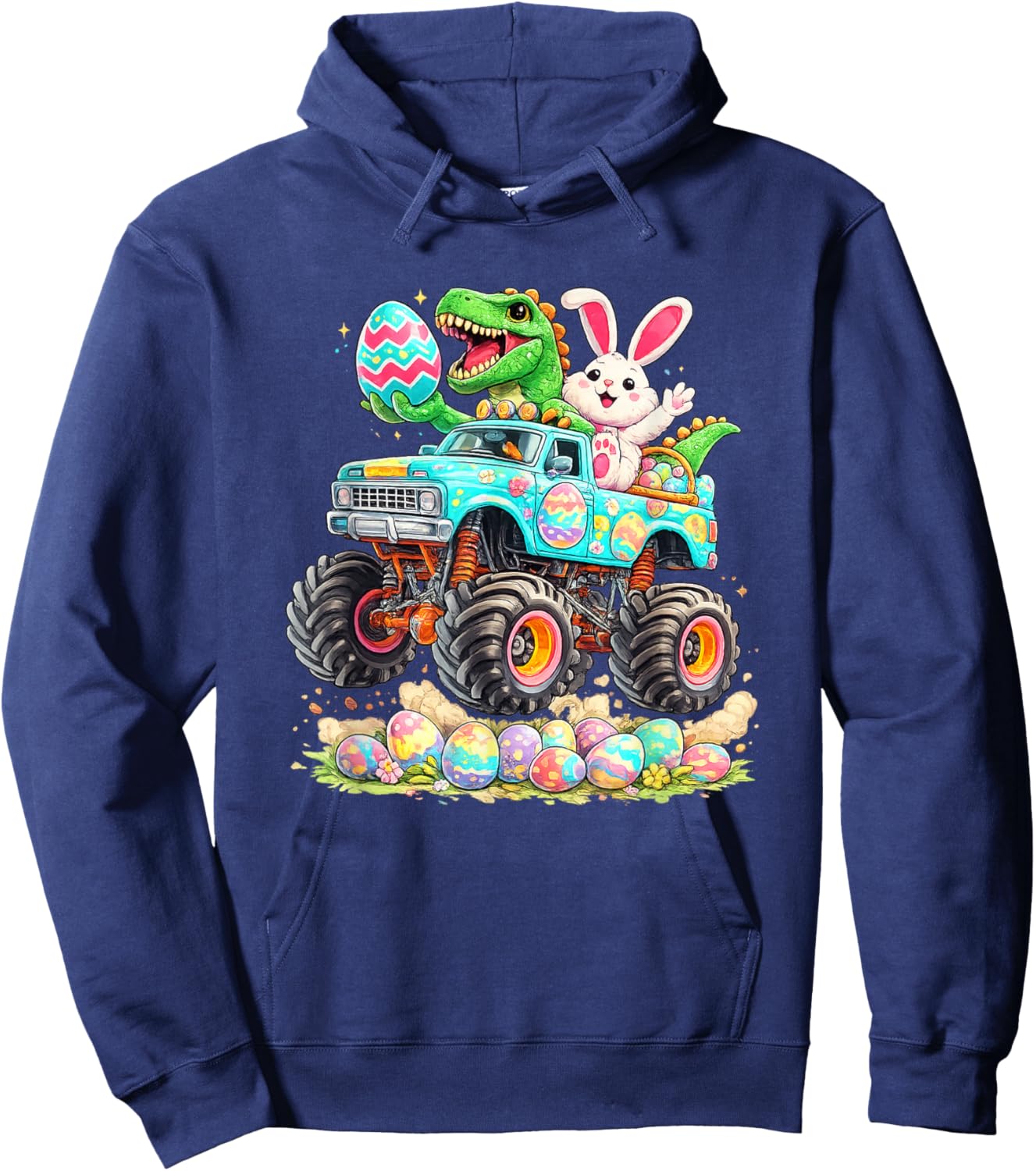 Dinosaur Bunny with Truck Easter Funny Egg Hunt Kids Boys Hoodie - Hoodie | Navy