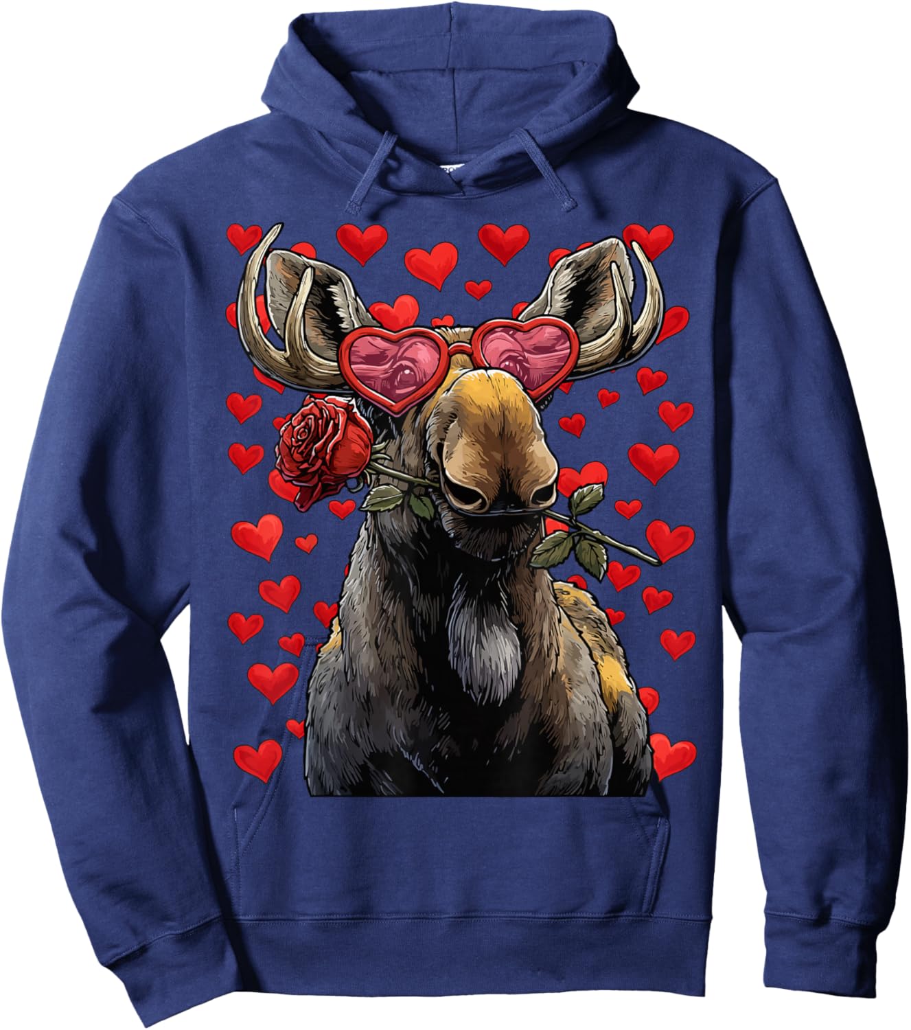 Cute Moose with Heart Glasses Rose Valentine's Day Animal Hoodie - Hoodie | Navy