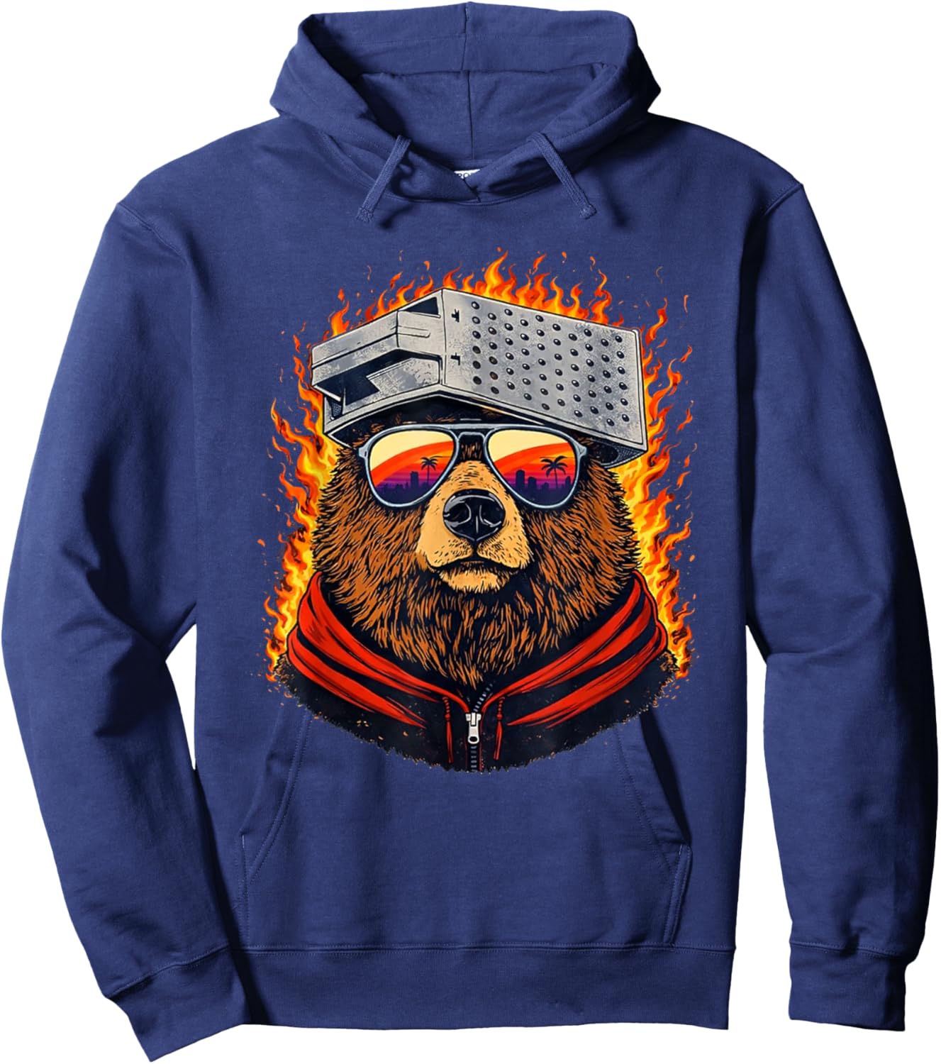 Vintage Bear with Sunglasses and Cheese Grater Hat Hoodie - Hoodie | Navy