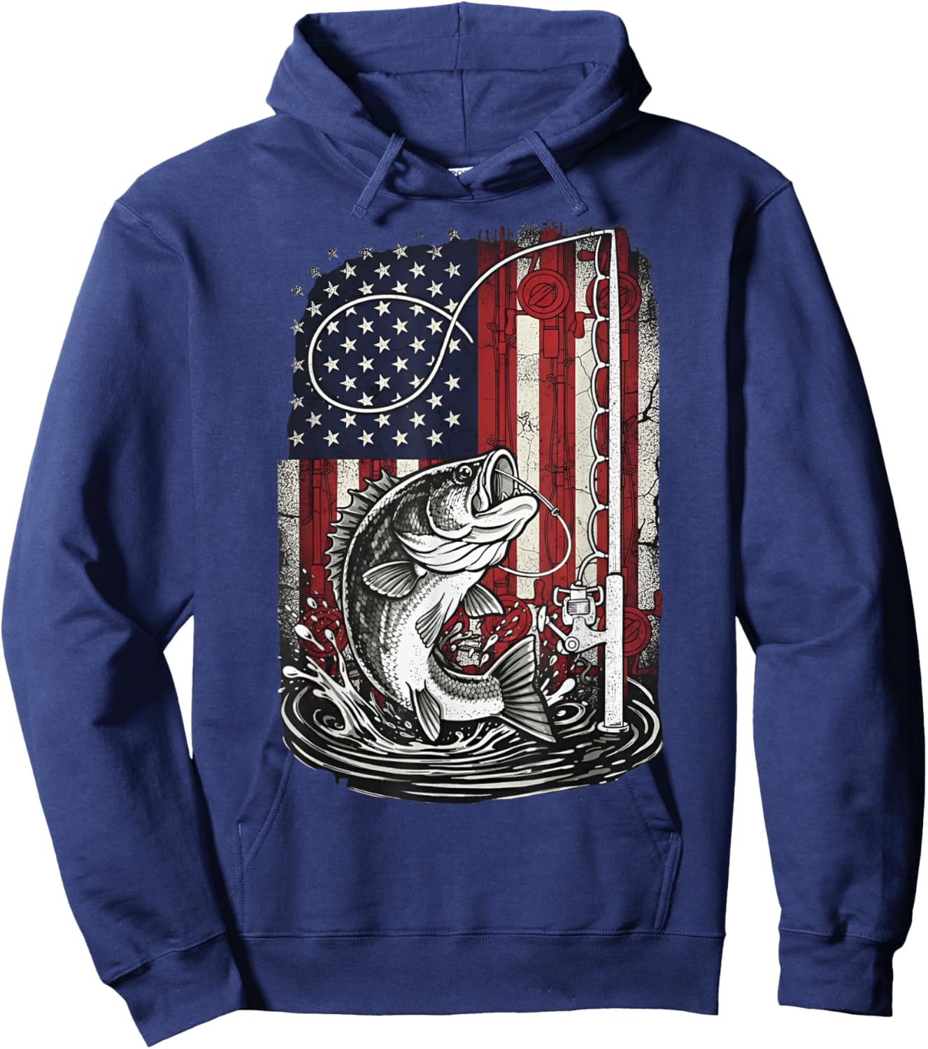 Fishing Camo Bass Fish Camouflage American Flag Fisherman Hoodie - Hoodie | Navy