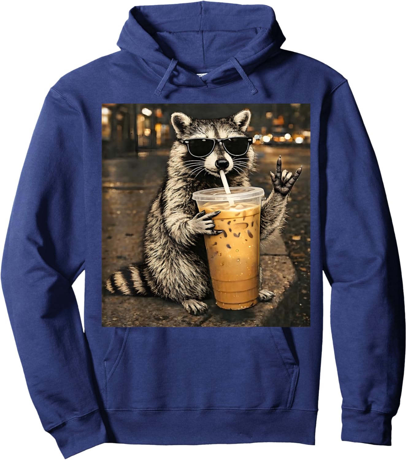 Raccoon Drinking Iced Coffee Funny Animal Meme Men Women Hoodie - Hoodie | Navy