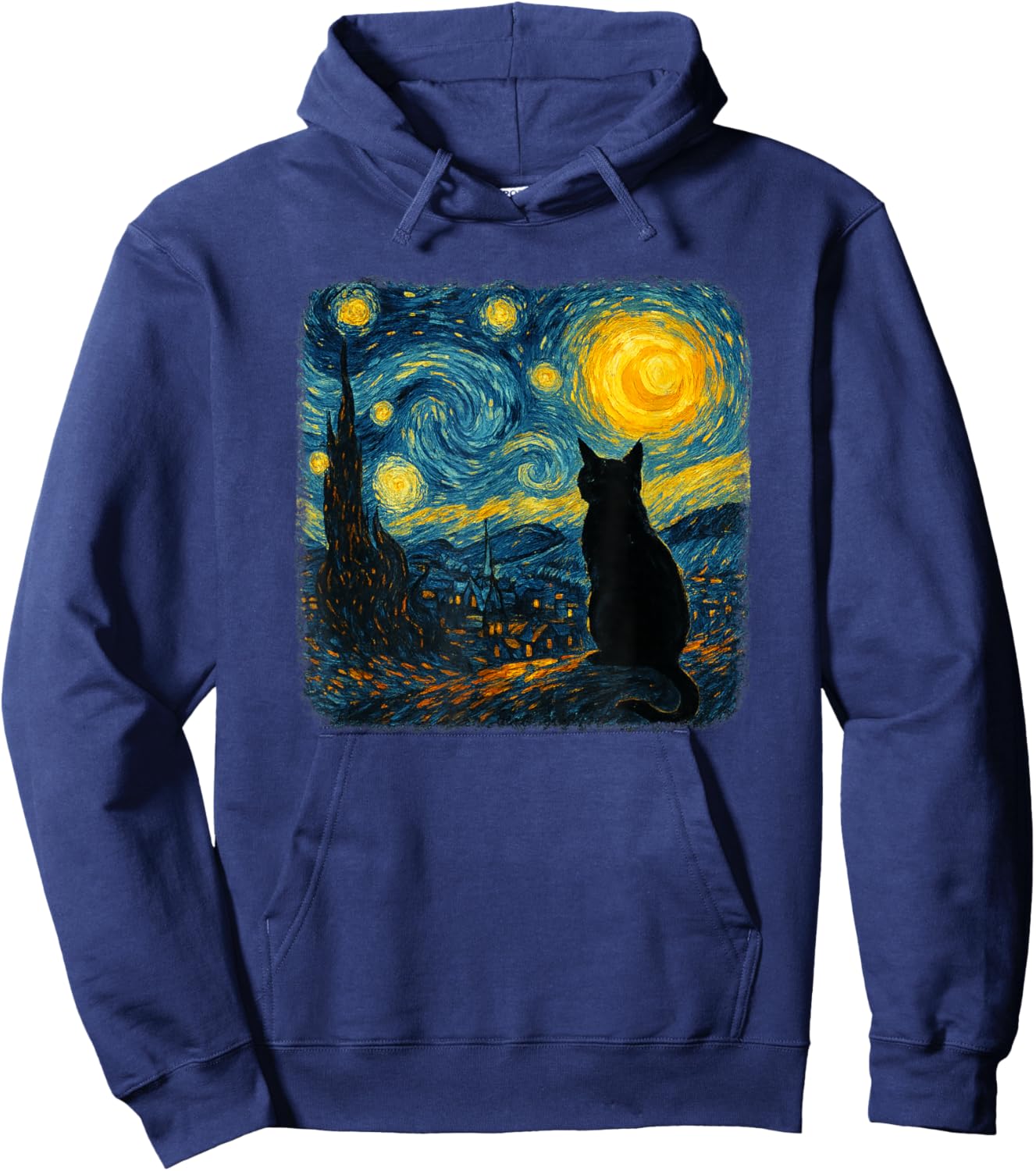 Funny Black Cat Starry Night Parody Painting Cat Lovers Hoodie - Hoodie | Navy