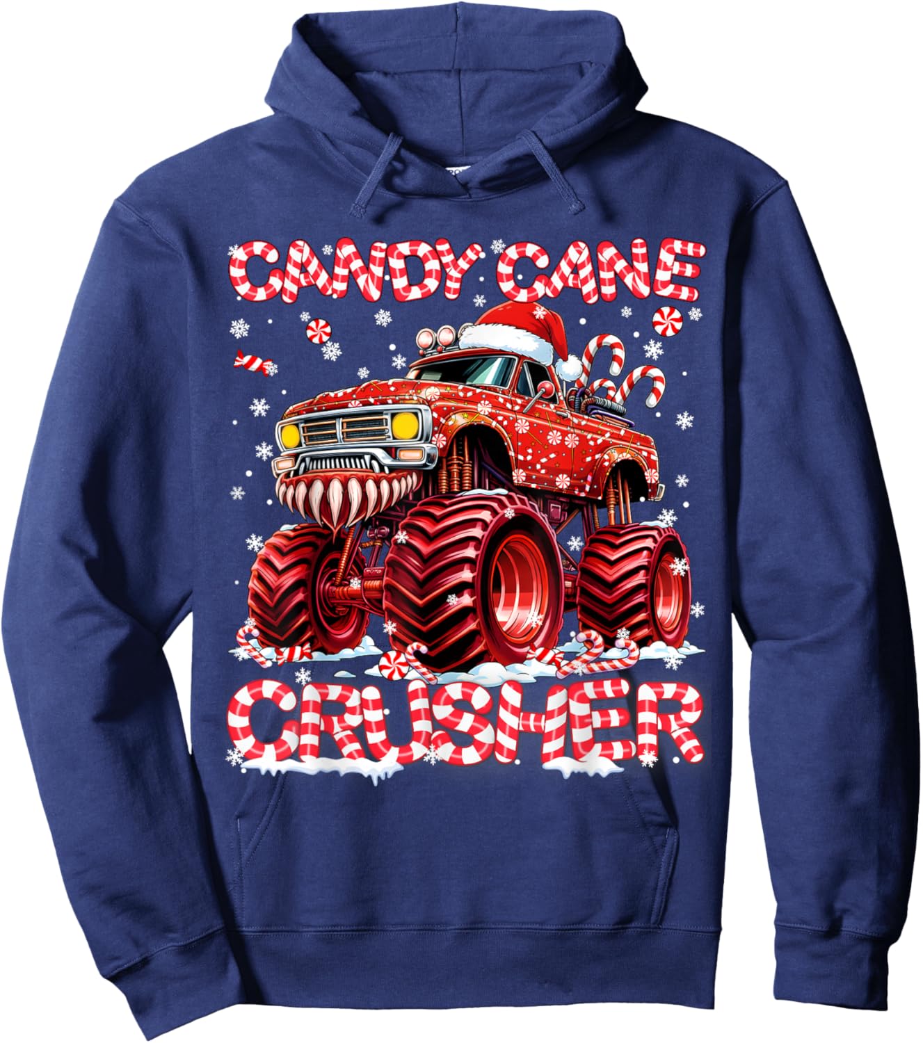 Candy Cane Crusher Red Monster Truck Christmas Xmas Boy Hoodie - Hoodie | Navy