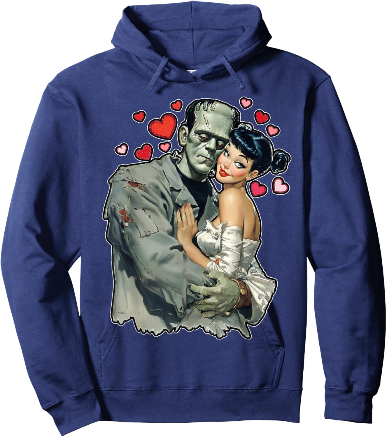 Love Heart Valentines Romantic Frankenstein and Wife Graphic Hoodie - Hoodie | Navy