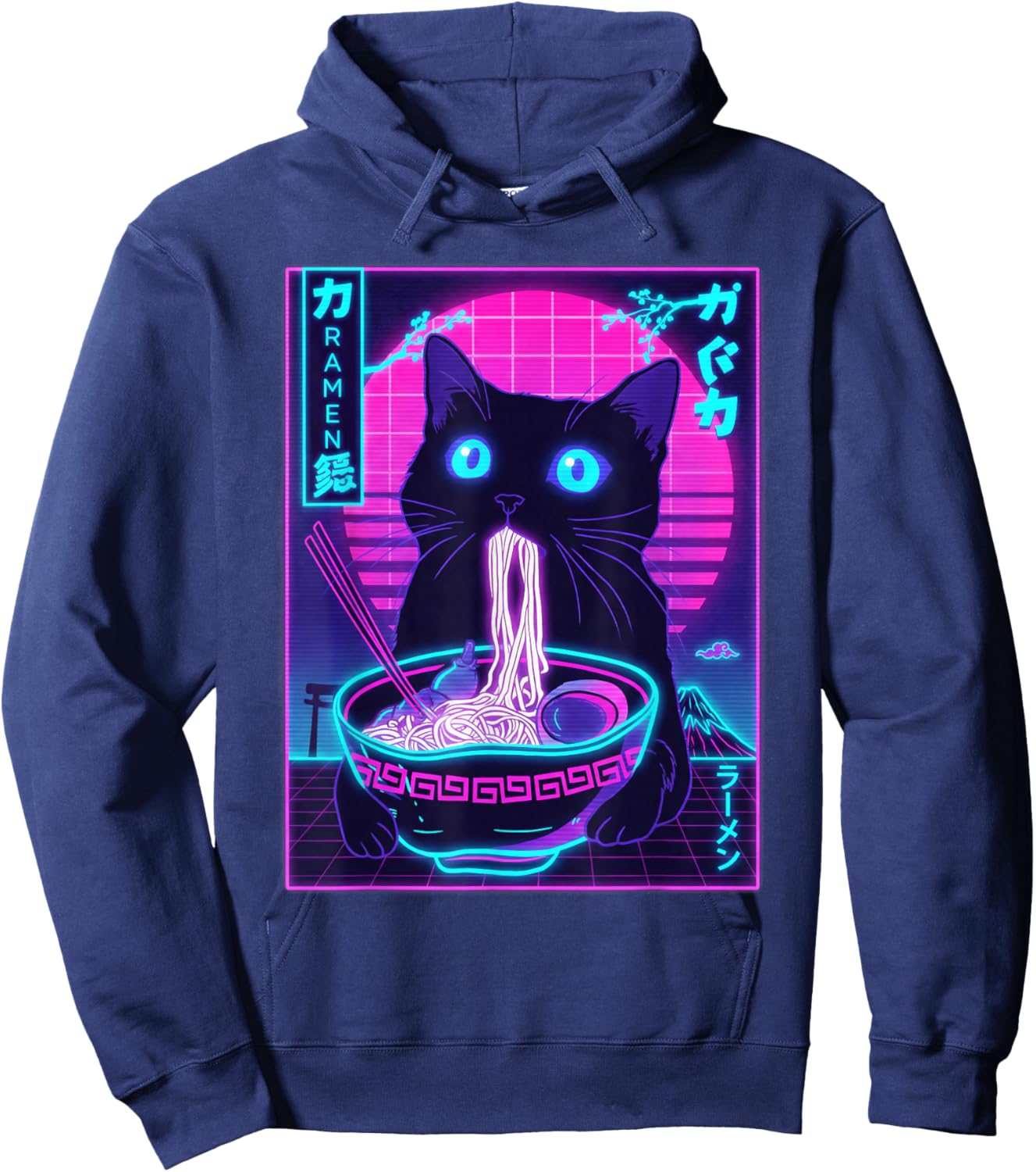 Funny Japanese Kawaii Cat Eating Ramen Noodle Glow Style Hoodie - Hoodie | Navy
