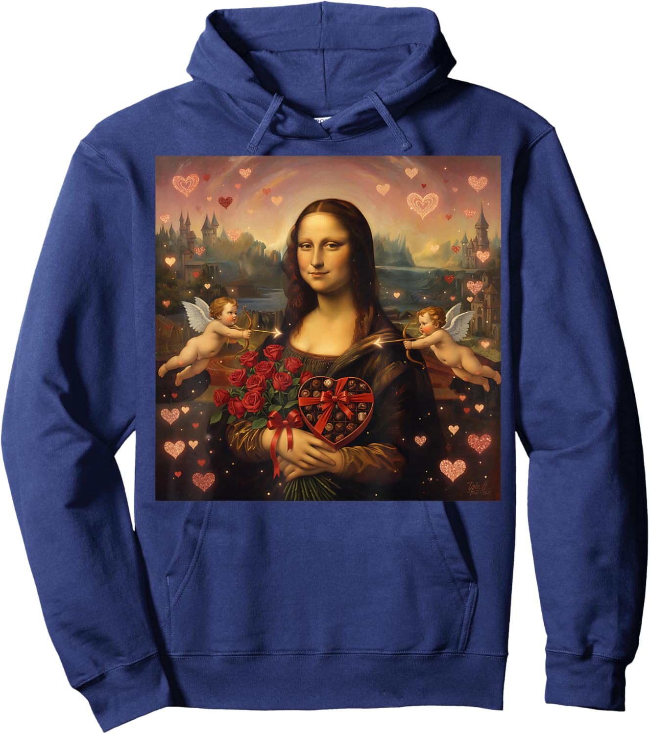 Valentine Mona Lisa Romantic Art with Roses and Chocolates Hoodie - Hoodie | Navy