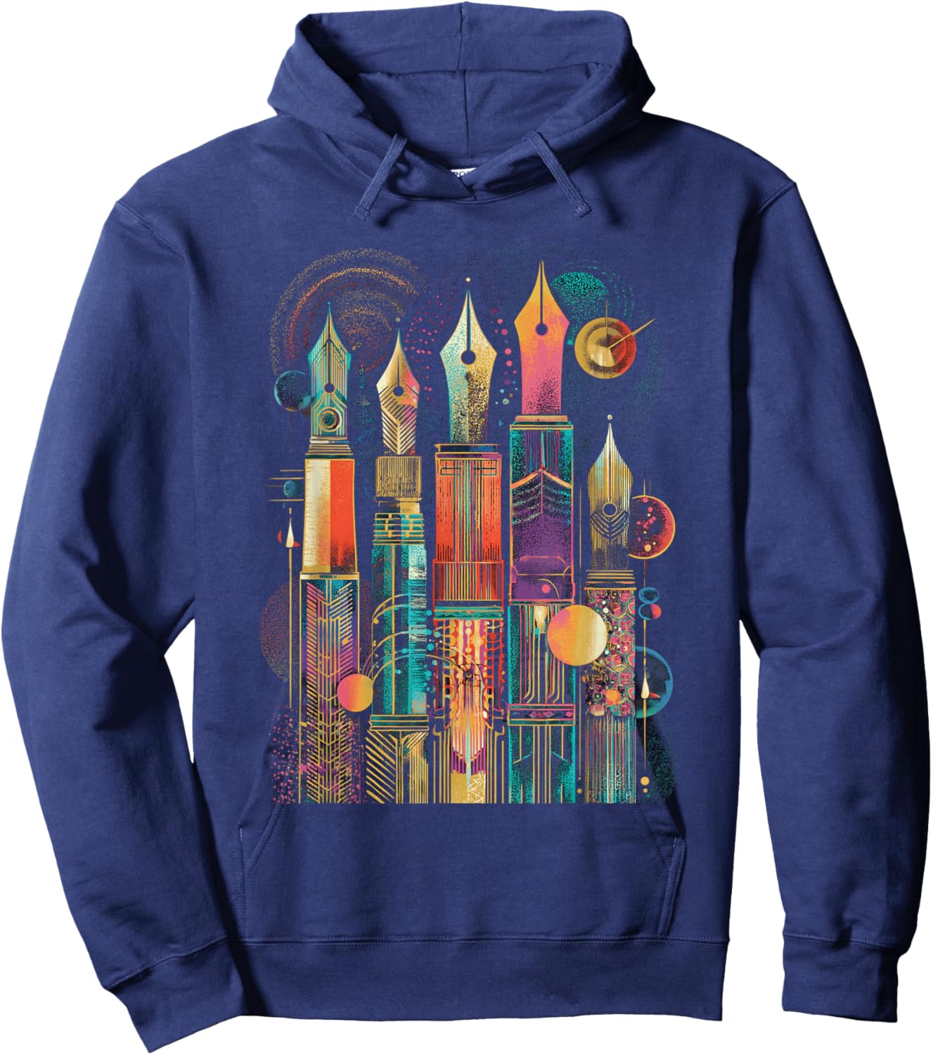 Art Deco Fountain Pen Skyline with Retro Abstract Geometry Hoodie - Hoodie | Navy