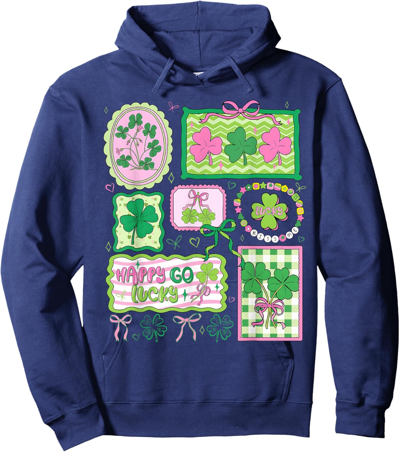 Preppy St Patricks Day Happy Go Lucky Shamrock Bow Men Women Hoodie - Hoodie | Navy