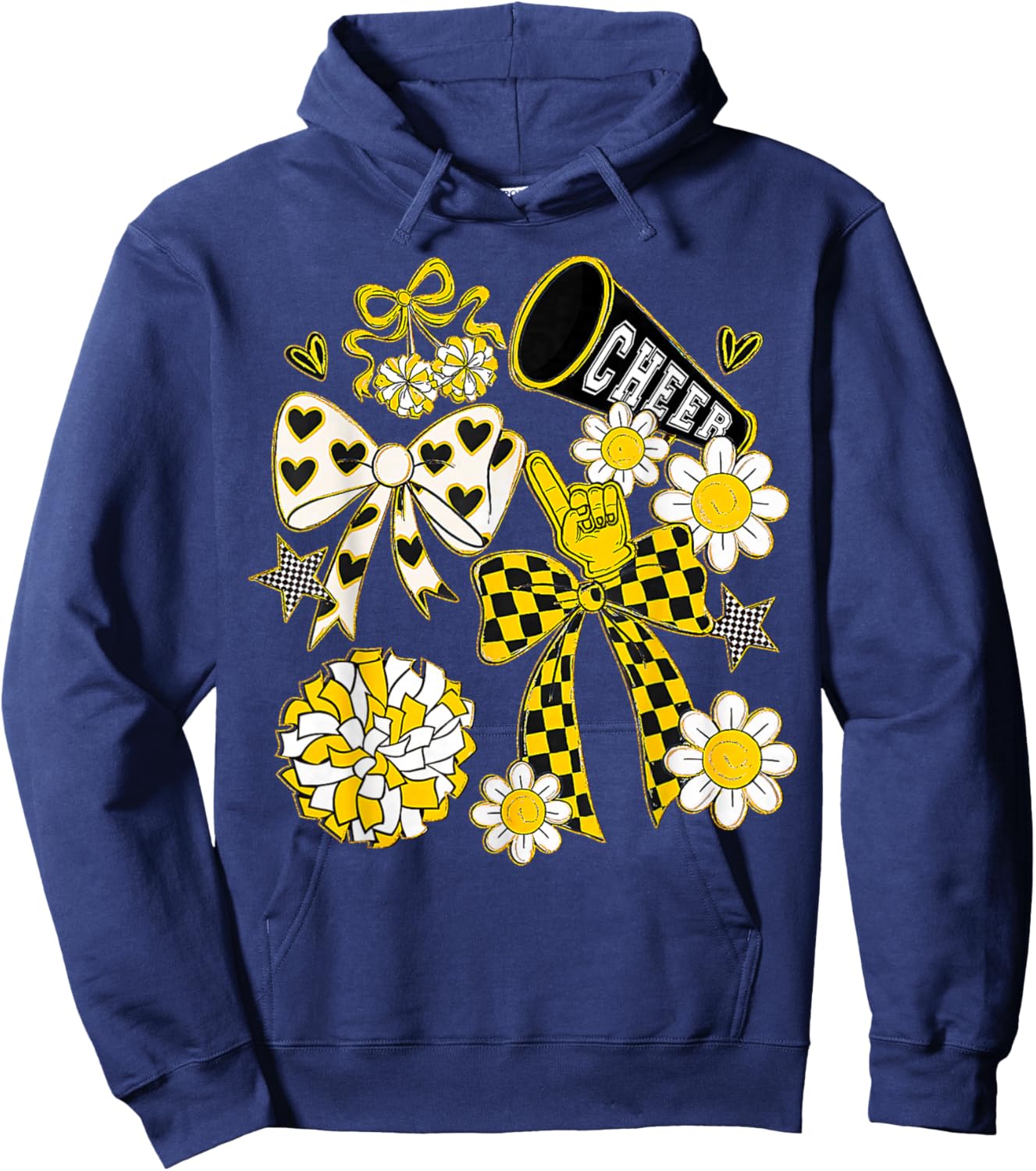 Coquette Bow Football Gold Black Game Cheer Mom Touchdown Hoodie - Hoodie | Navy
