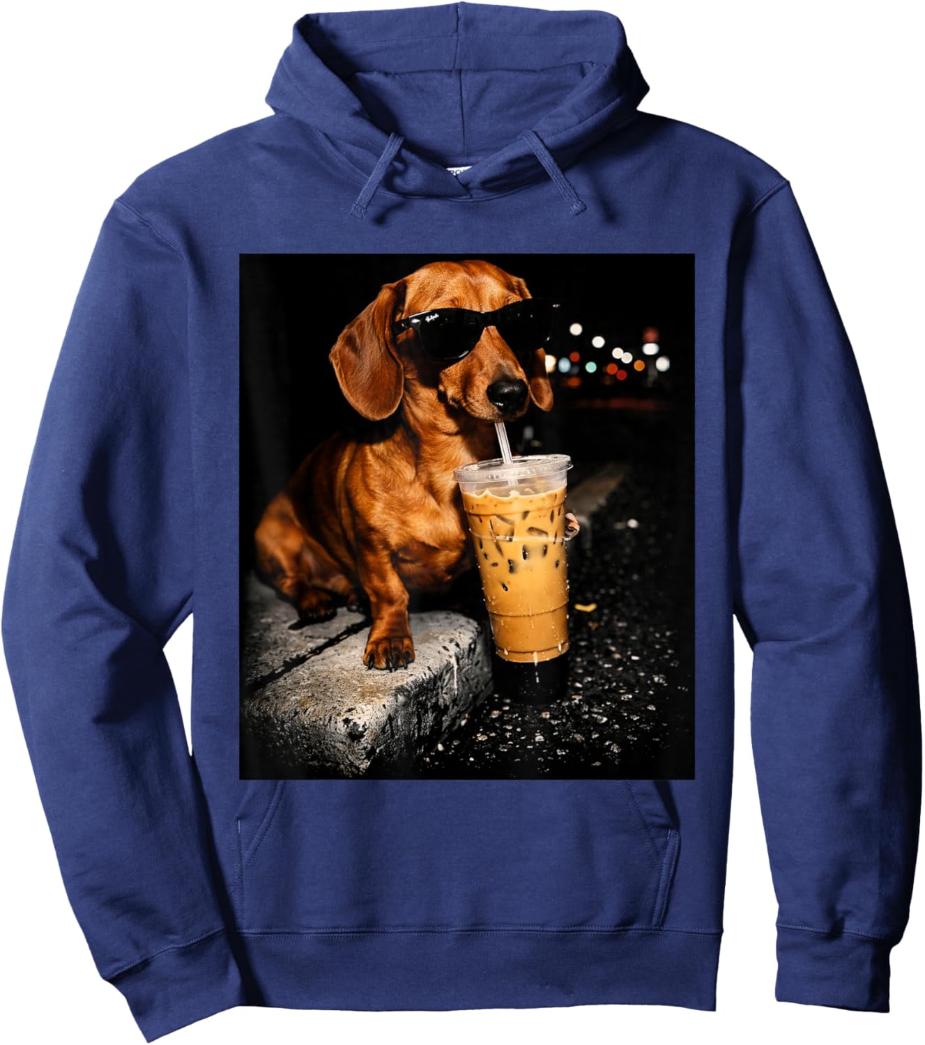 Funny Dachshund Drinking Iced Coffee Washed Hoodie - Hoodie | Navy