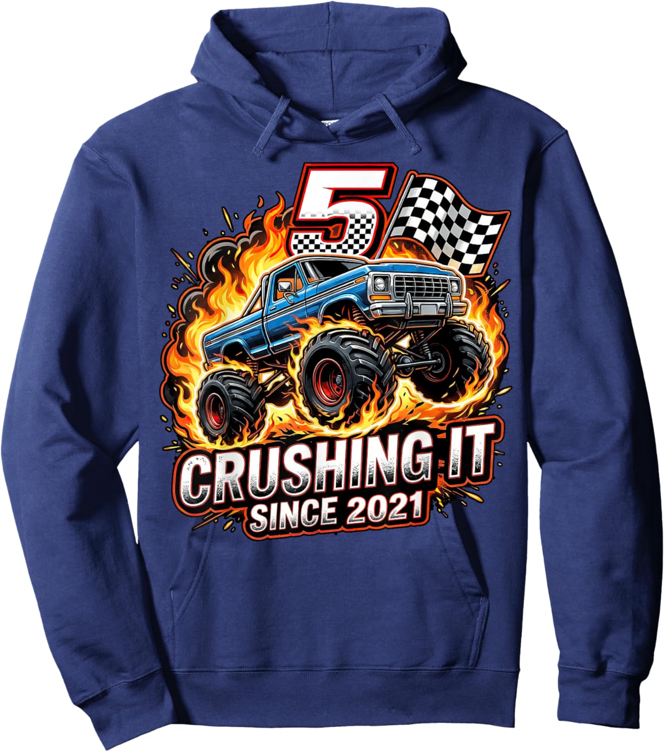 Birthday Monster Truck 5 Year Old Boys 5th Party Born 2021 Hoodie - Hoodie | Navy