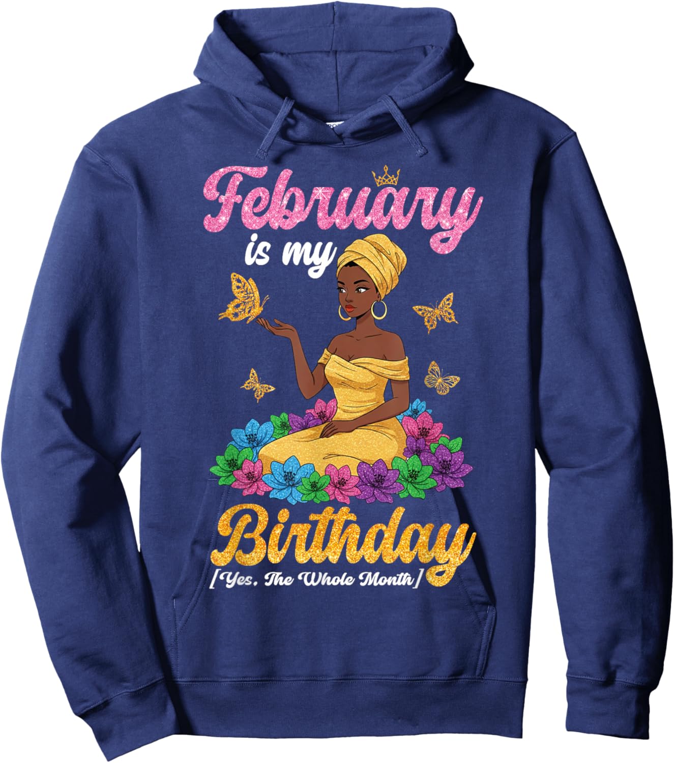 February is My Birthday Black Queen Butterfly Floral Girl Hoodie - Hoodie | Navy