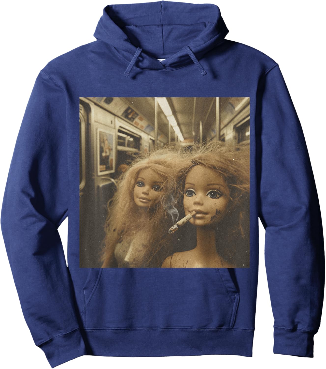 Distressed Doll Smoking Funny Doll Face Meme Hoodie - Hoodie | Navy