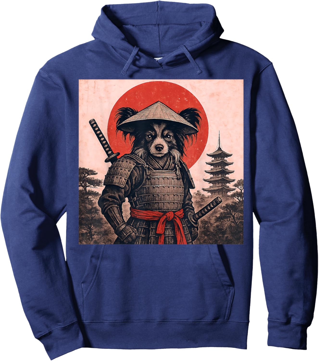 Papillon Dog Samurai Warrior Vintage Japanese Ukiyo-e Dog Hoodie - Hoodie | Navy