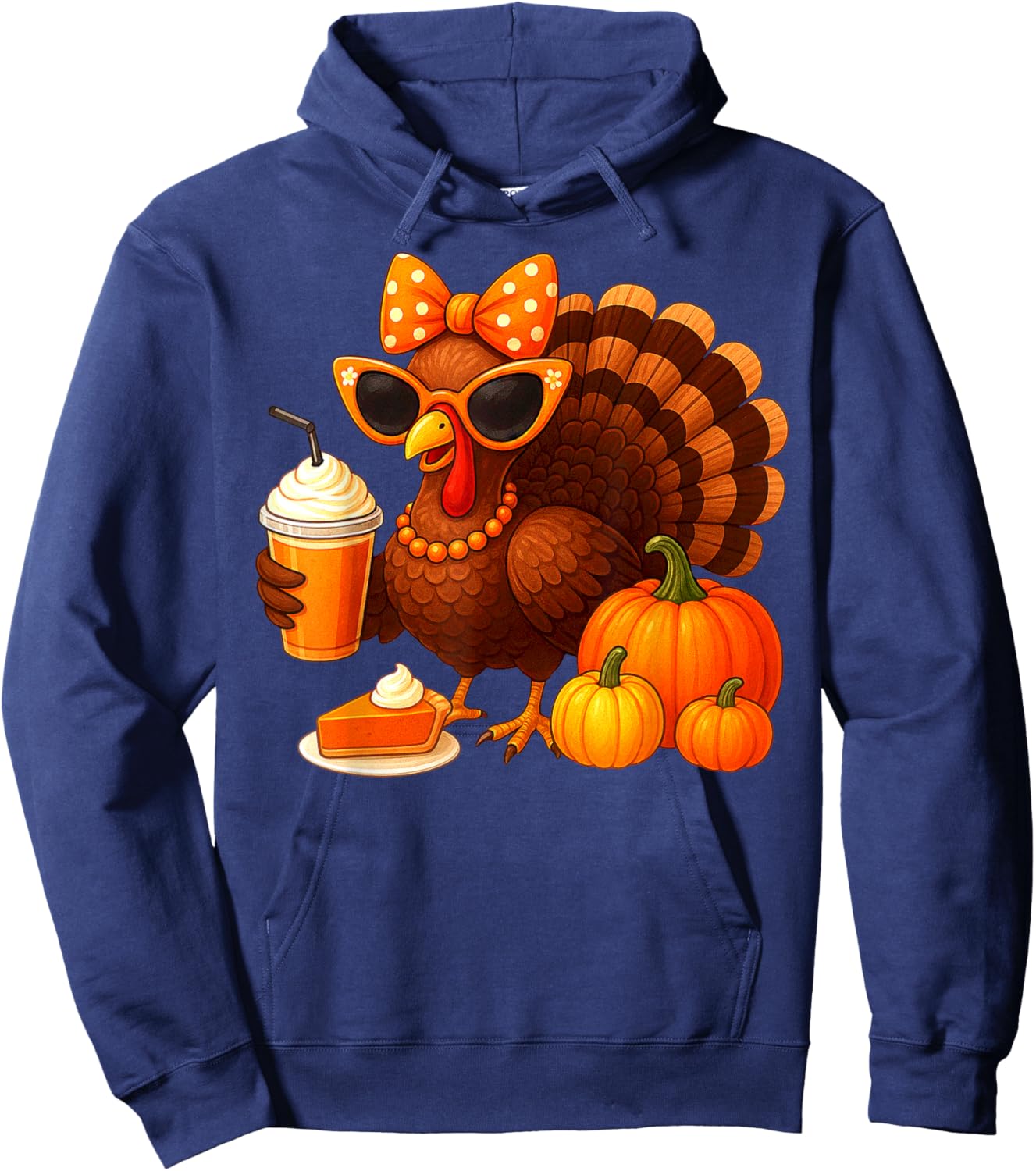 Cute Turkey with Sunglasses Lady Pumpkin Pie Bow Hoodie - Hoodie | Navy