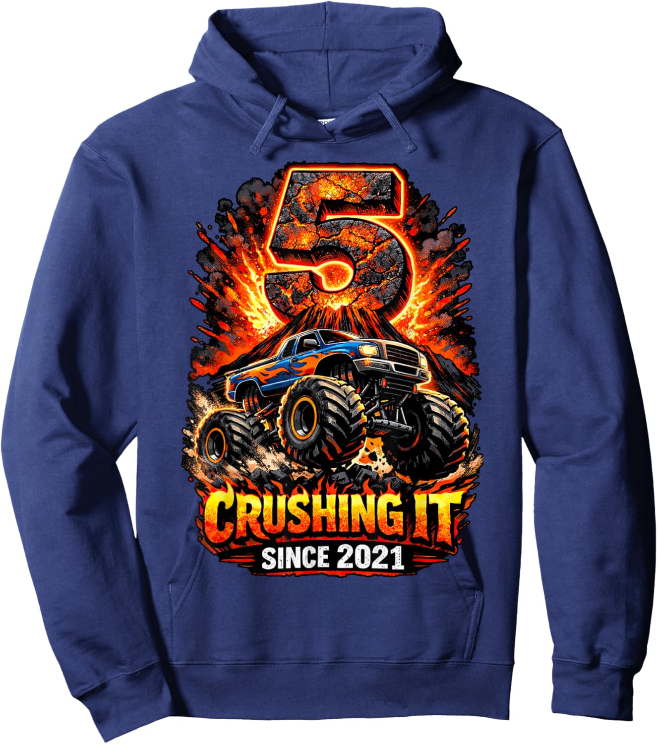 Birthday Monster Truck 5 Year Old Boys 5th Party Born 2021 Hoodie - Hoodie | Navy