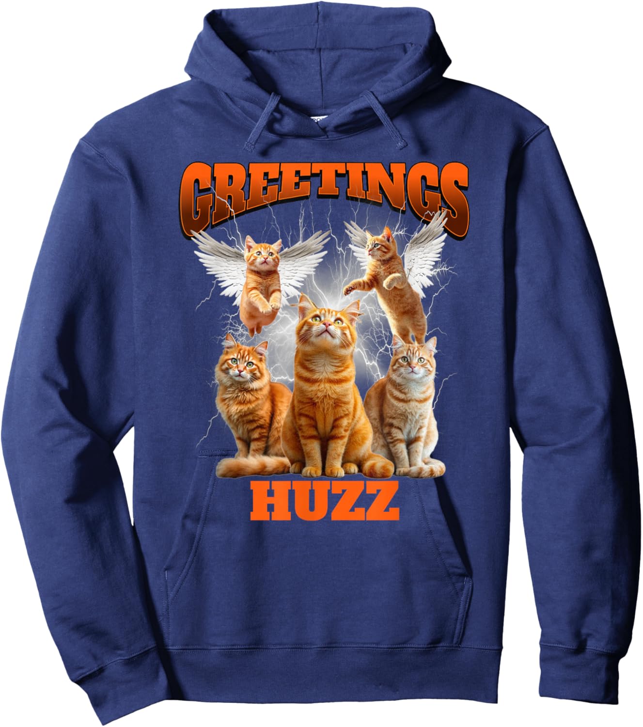 Greetings Huzz Bootleg Cat Meme Graphic Retro Y2K Aesthetic Hoodie - Hoodie | Navy