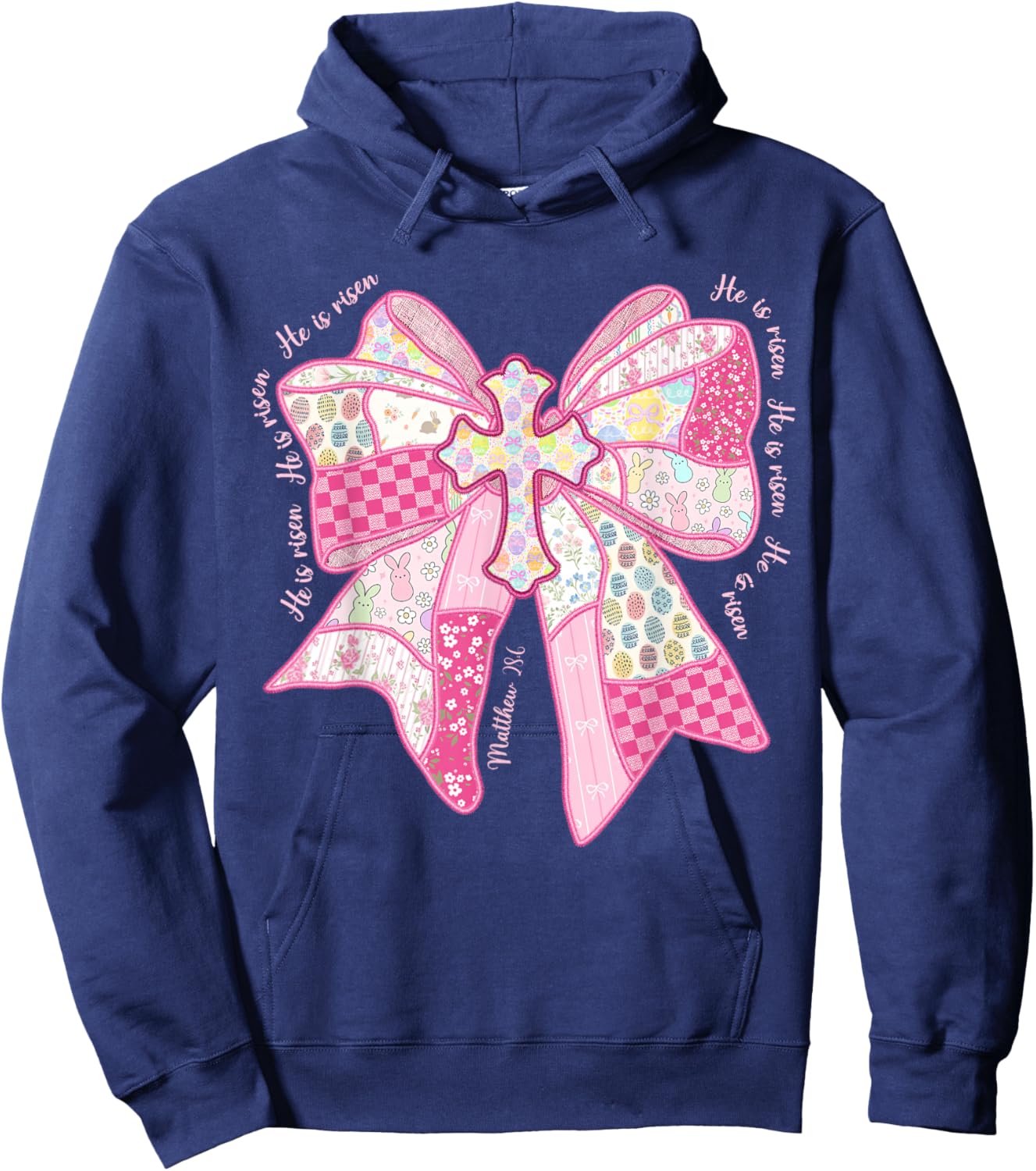 He is Risen Christian Cross Jesus Coquette Bow Bunny Easter Hoodie - Hoodie | Navy