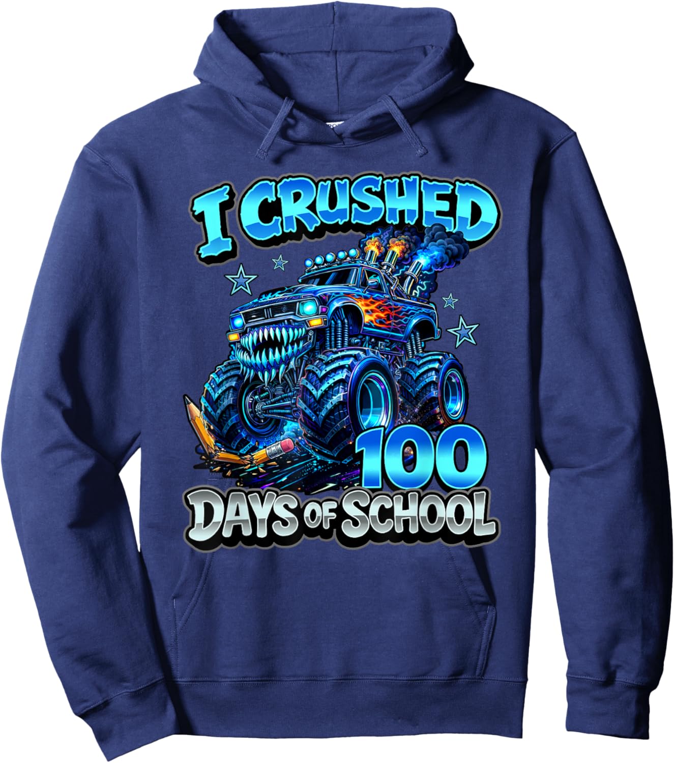 I Crushed 100 Days of School Blue Monster Truck Boys Hoodie - Hoodie | Navy
