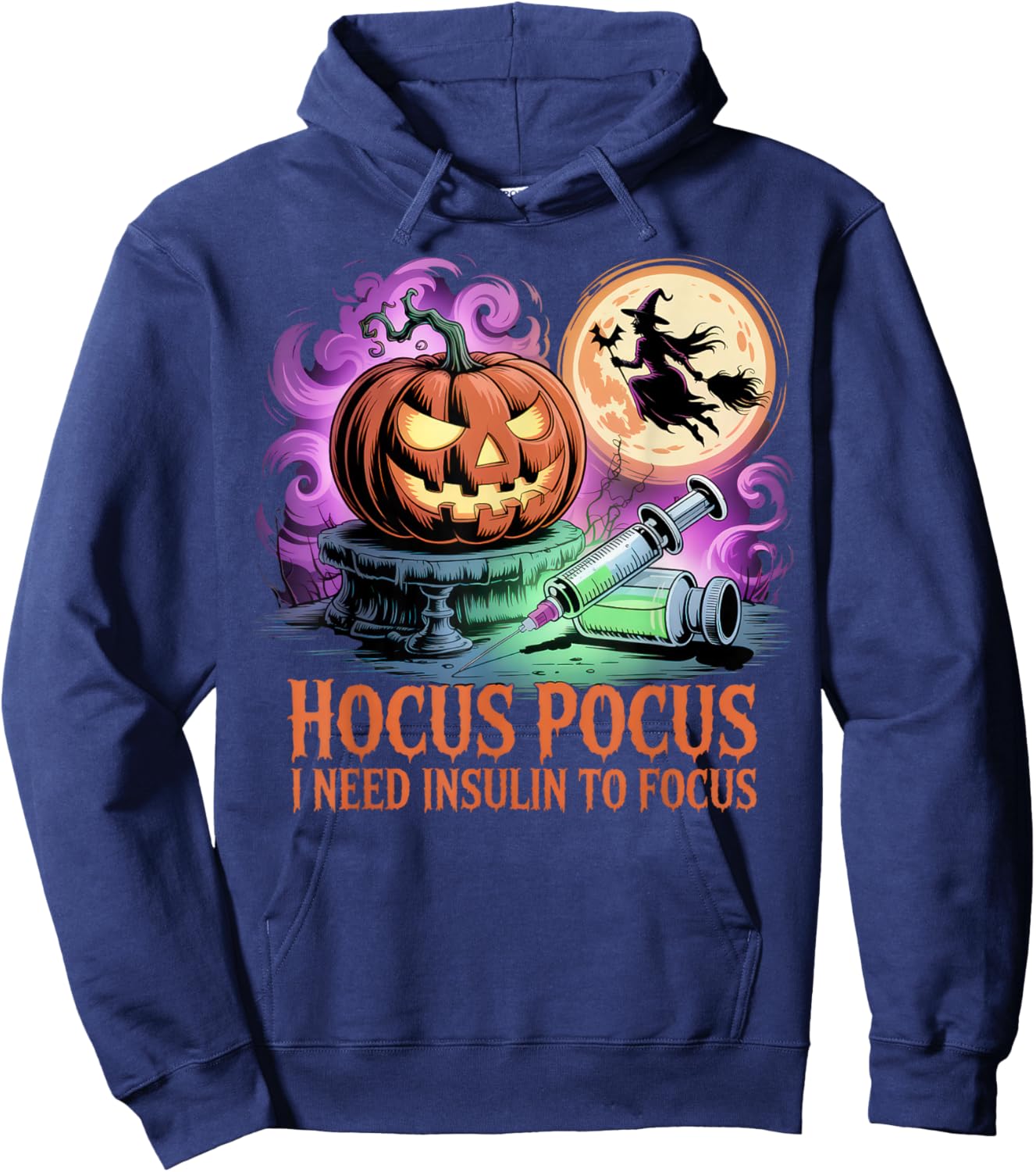 Funny Halloween Diabetic Hocus Pocus I Need Insulin to Focus Hoodie - Hoodie | Navy