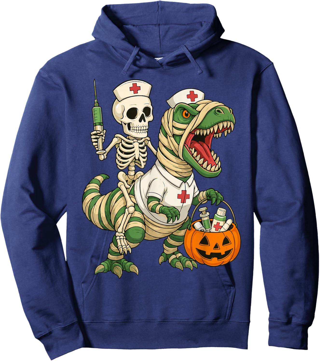 Nurse Skeleton Riding Mummy Dinosaur T rex Halloween Nurse Hoodie - Hoodie | Navy