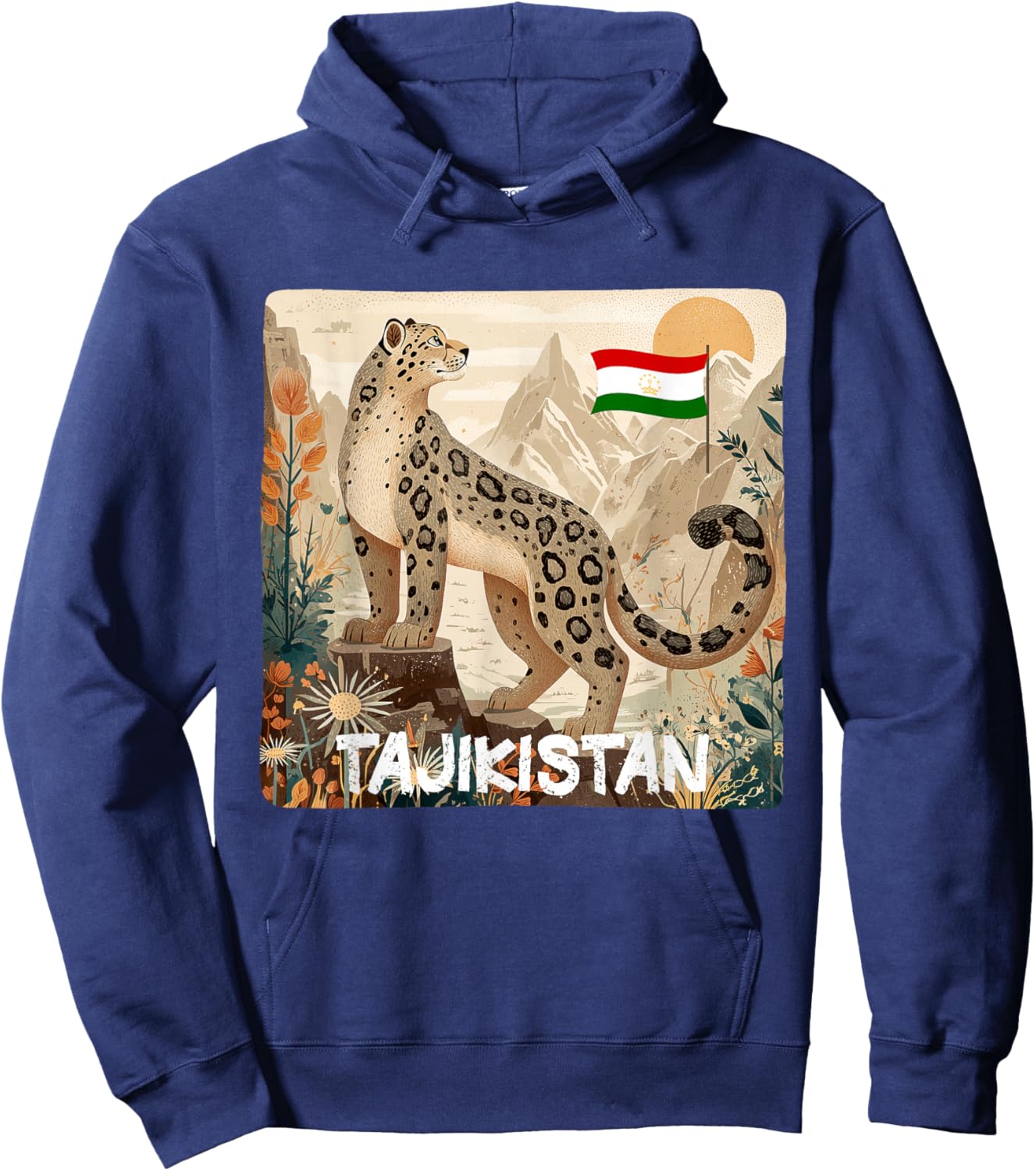 Beautiful Tajikistan Mountains View with Leopard Costume Hoodie - Hoodie | Navy