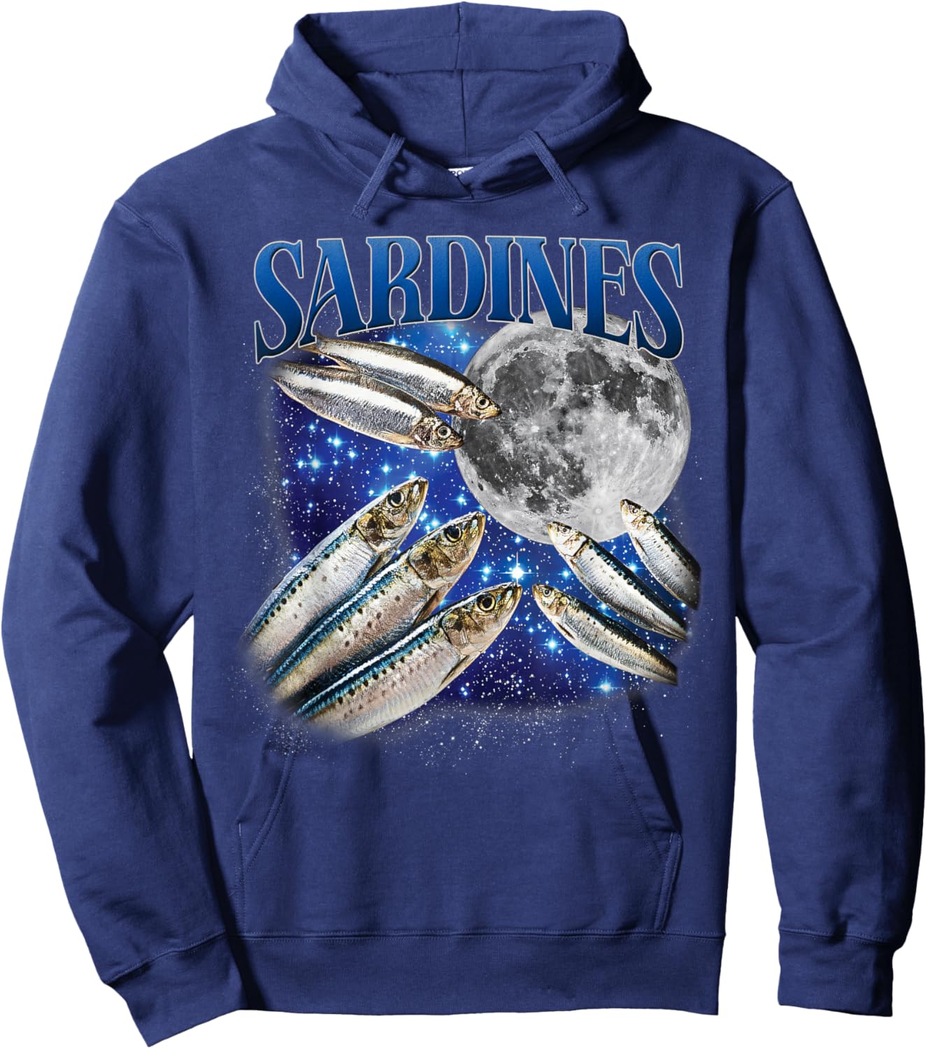 Three Sardines Howling at Moon Retro Sardine Fish Lover Hoodie - Hoodie | Navy