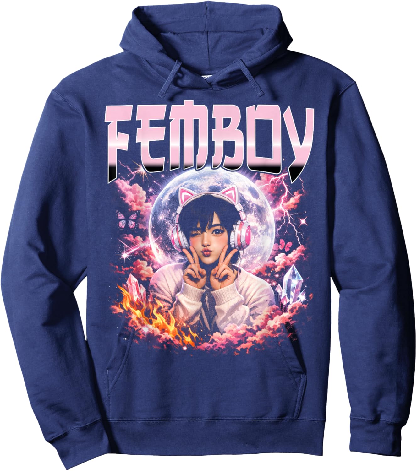 Femboy Anime Aesthetic Moon Cat Ear Headphones Hoodie - Hoodie | Navy