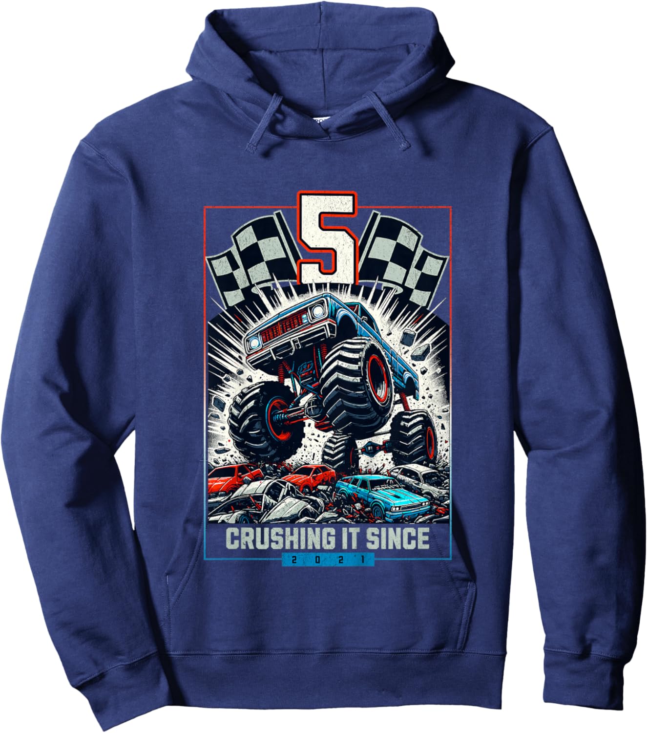 Kids 5th Birthday Truck Turning 5 Years Old Boy Born in 2021 Hoodie - Hoodie | Navy