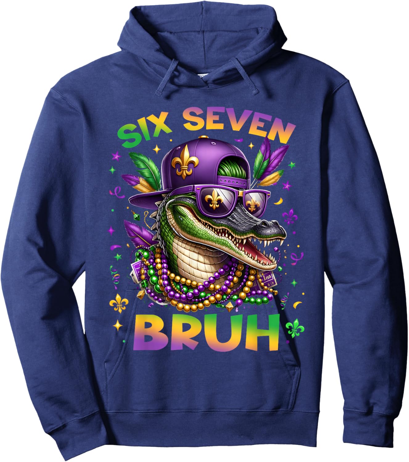 Mardi Gras Six Seven Bruh Mardigator Alligator 6 7 Meme Boys Hoodie - Hoodie | Navy