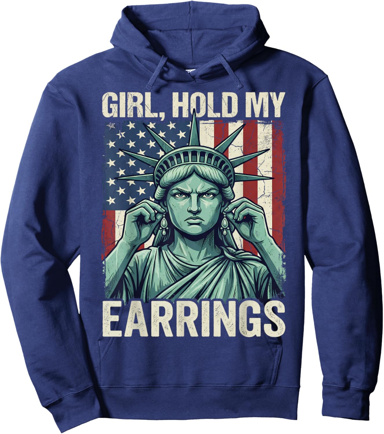 Patriotic Girl Hold My Earrings American Flag Women Hoodie - Hoodie | Navy
