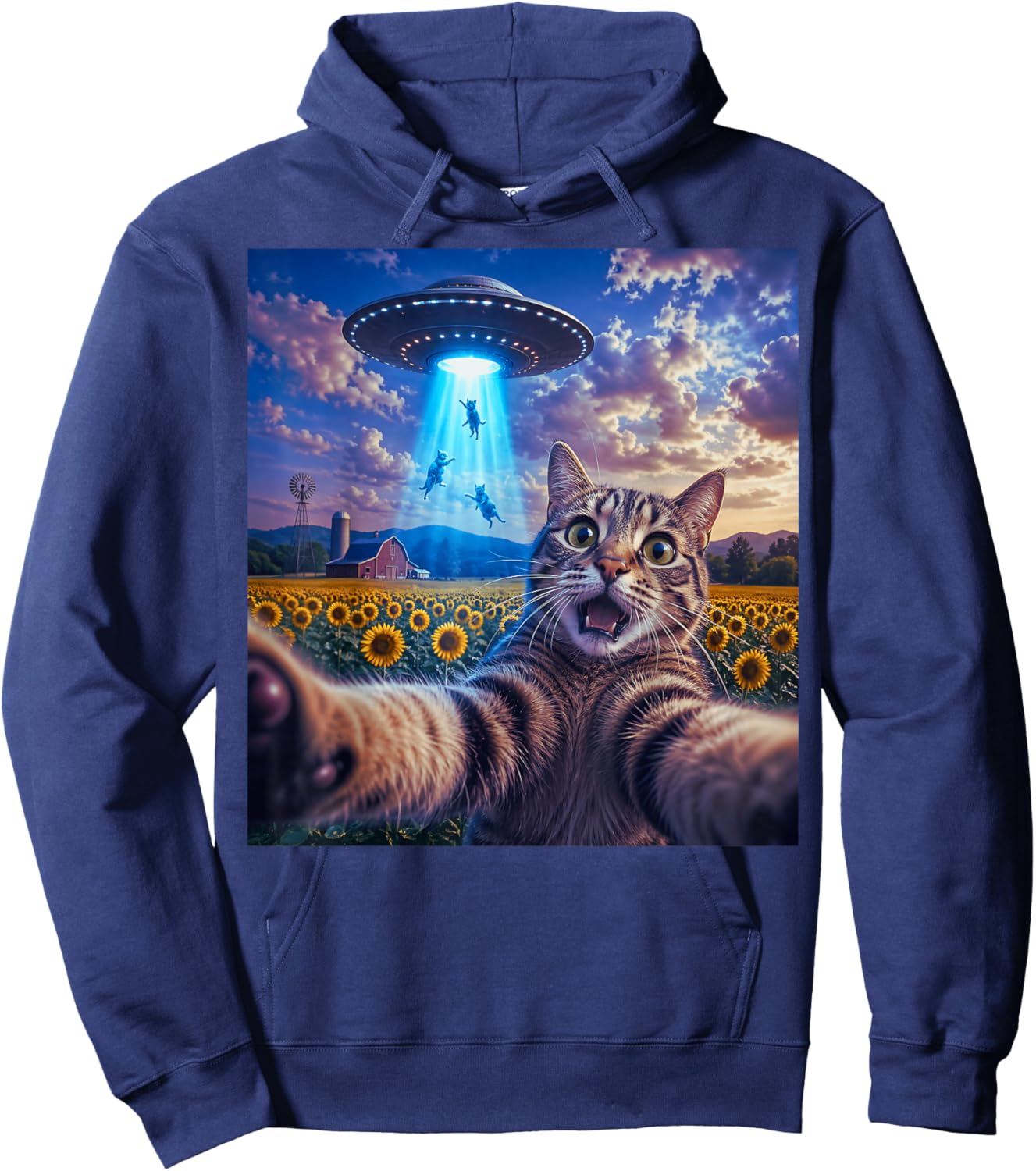 Cat Selfie with Alien UFO Funny Cat Gifts Women Kid Hoodie - Hoodie | Navy