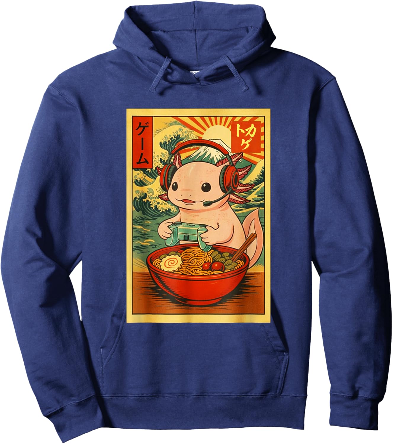 Axolotl Salamander Gaming Ramen Ukiyo-e Great Wave Retro Art Hoodie - Hoodie | Navy