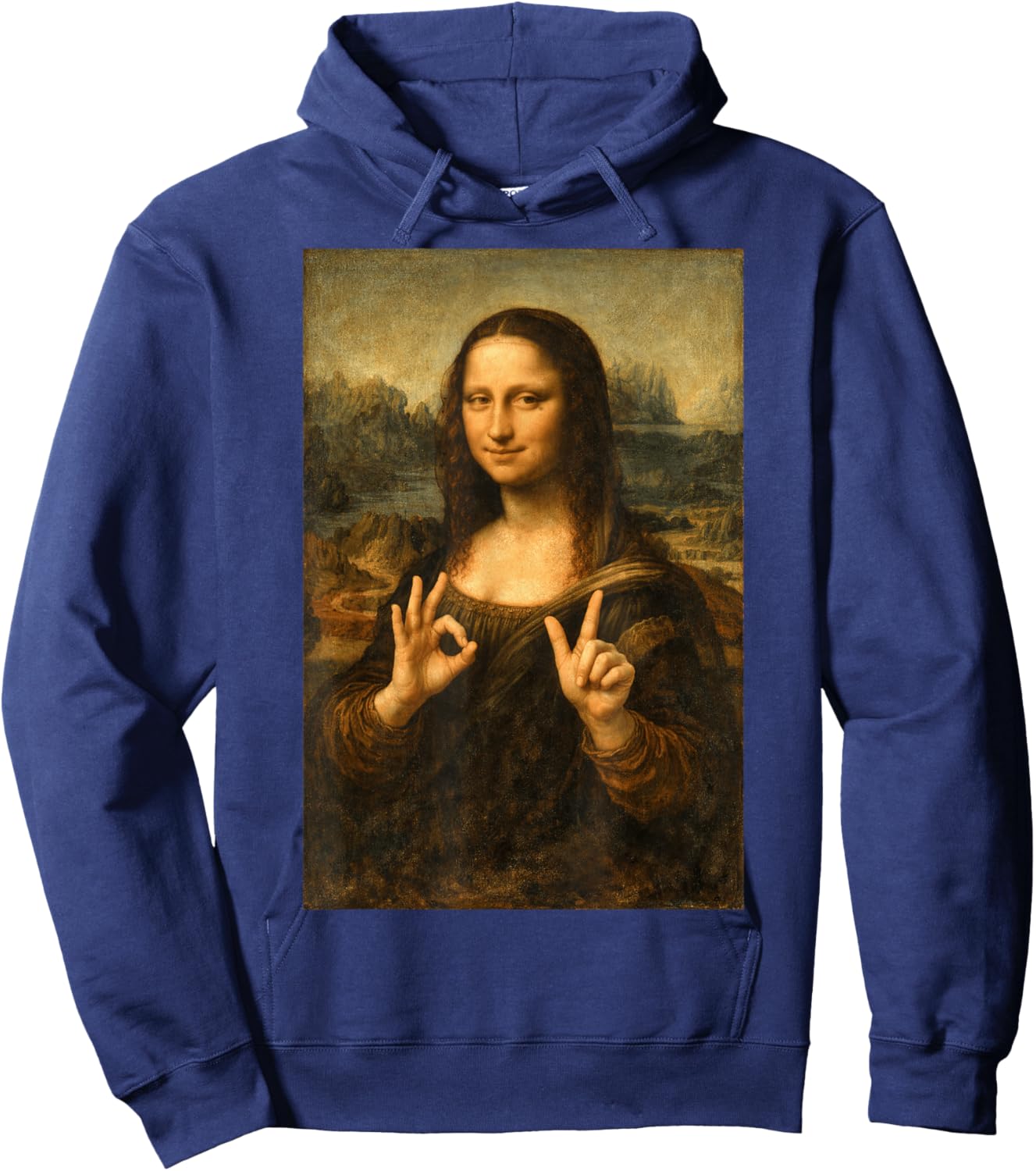 Funny Mona Lisa OK Peace Sign Art Parody Masterpiece Hoodie - Hoodie | Navy