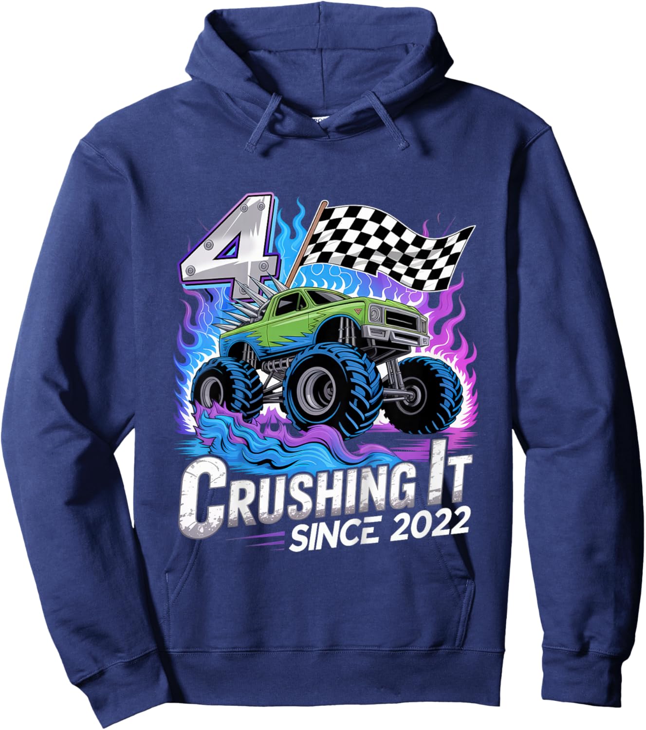 Kids 4 Year Old Monster Truck Birthday Boy 4th Party Born in 2022 Hoodie - Hoodie | Navy