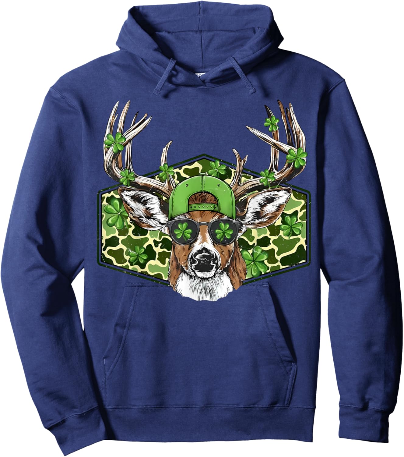 Retro St Patricks Day Buck Camo Deer Hunting Lucky Shamrock Hoodie - Hoodie | Navy