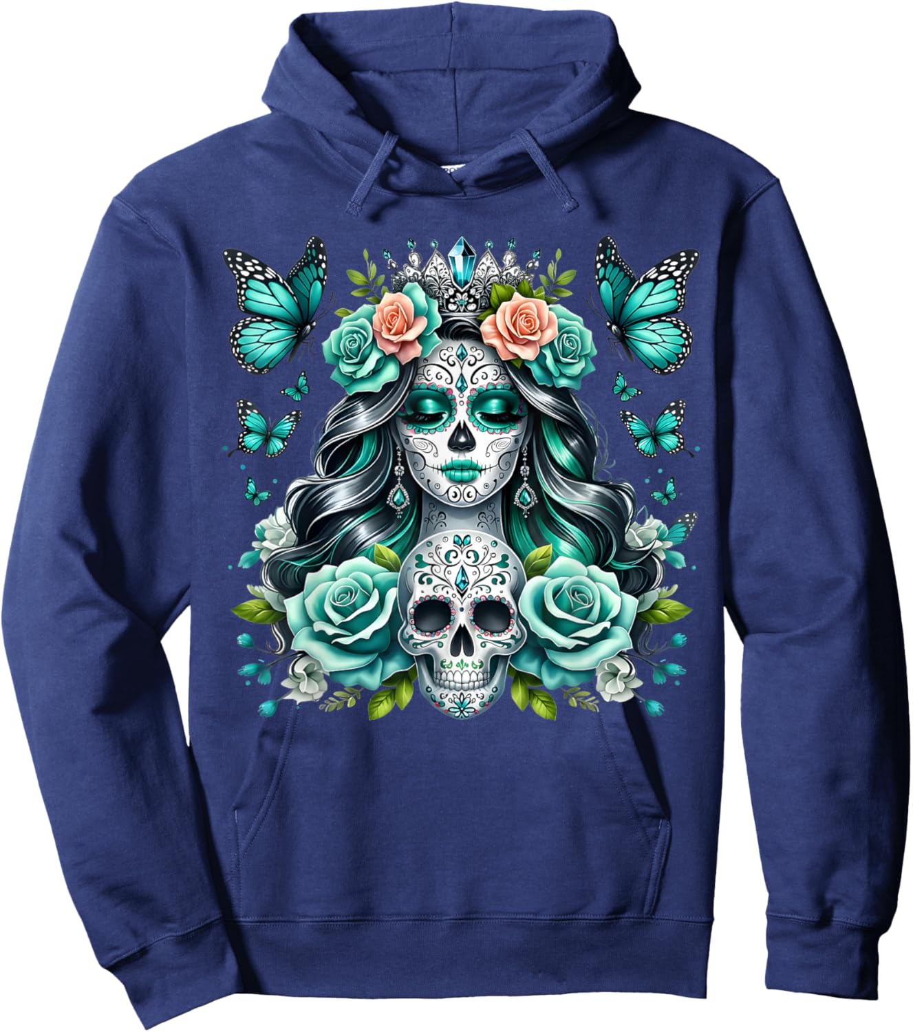 De Los Muertos La Catrina Day of The Dead Floral Sugar Skull Hoodie - Hoodie | Navy