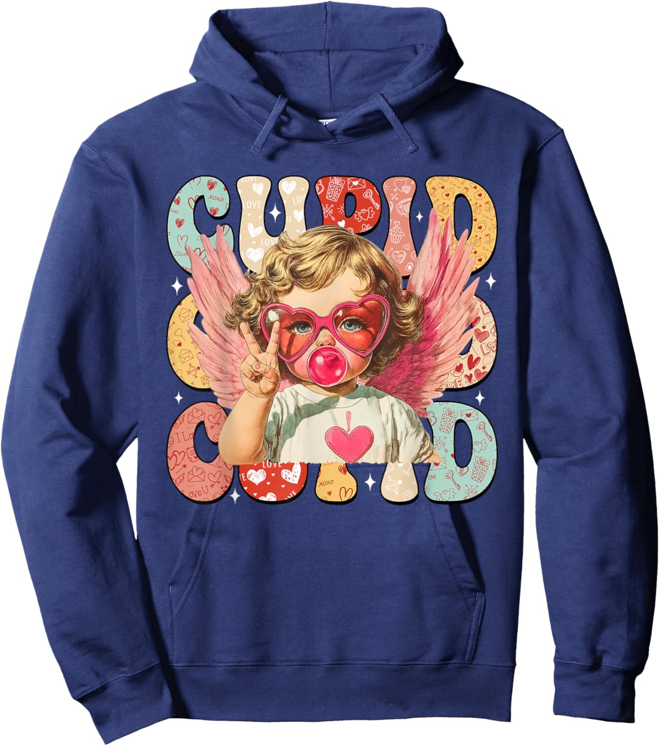 Vintage Cupid Blowing Bubble Gum Heart Sunglasses Valentines Hoodie - Hoodie | Navy