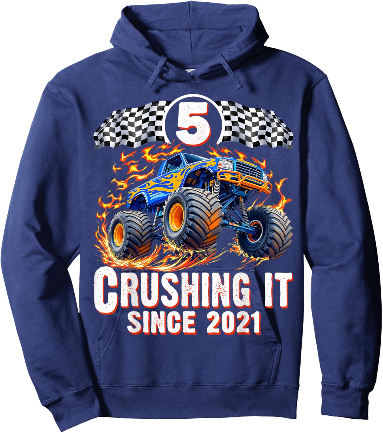 Birthday Monster Truck 5 Year Old Boys 5th Party Born 2021 Hoodie - Hoodie | Navy