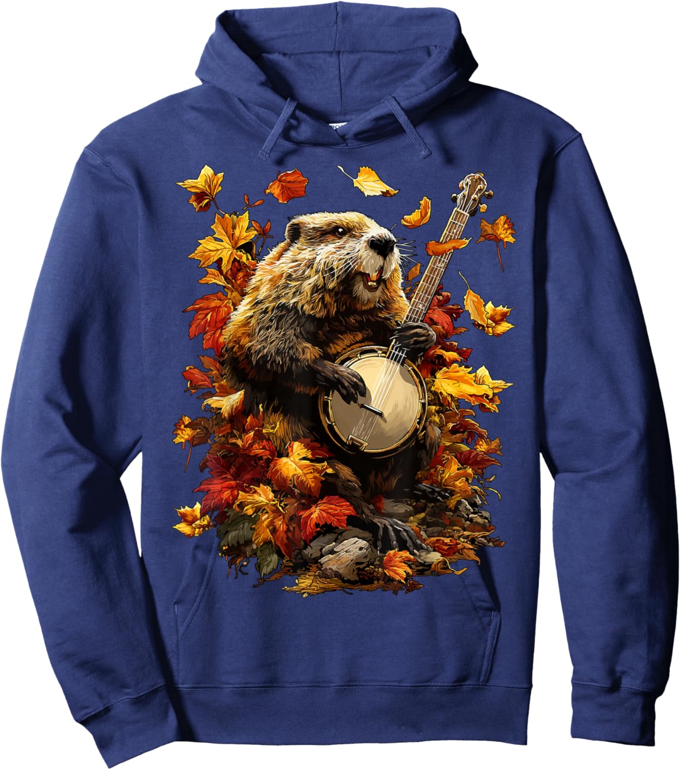 Banjoist Beaver Playing Banjo Picker Fall Leaves Autumn Hoodie - Hoodie | Navy