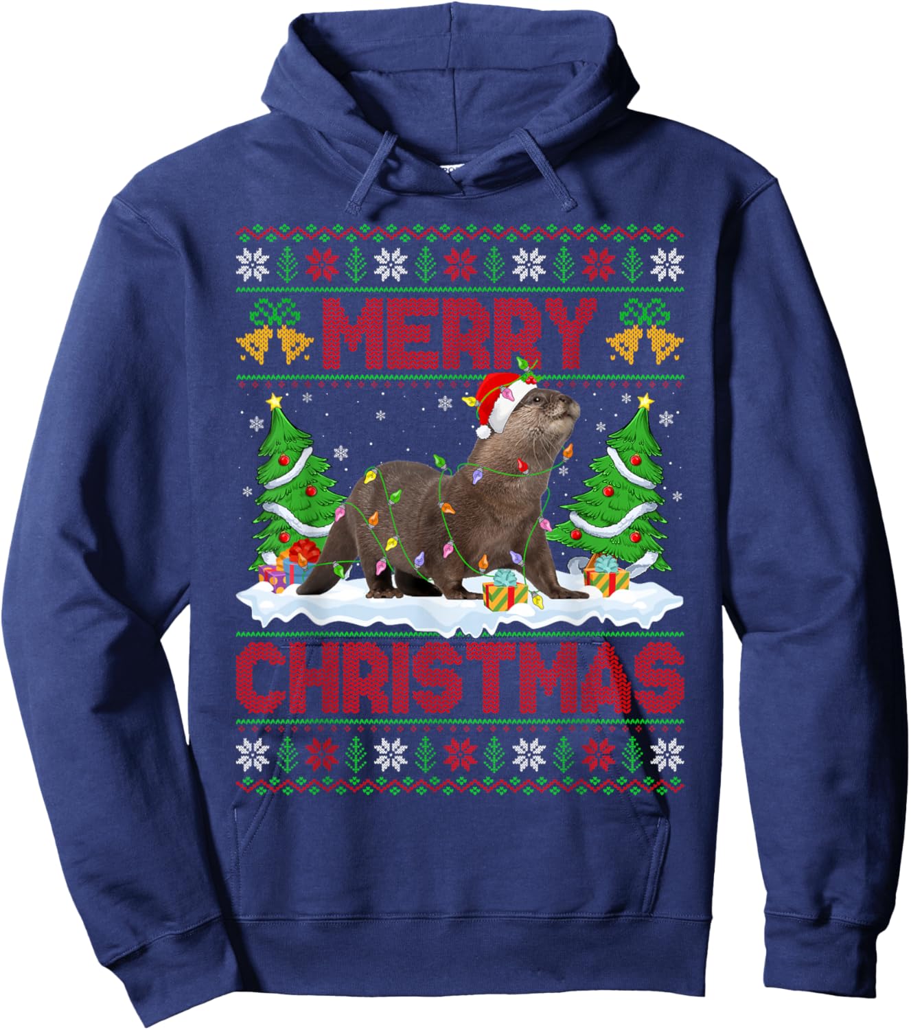 Otter Ugly Xmas Sweater Funny Otter Animal Lights Christmas Hoodie - Hoodie | Navy