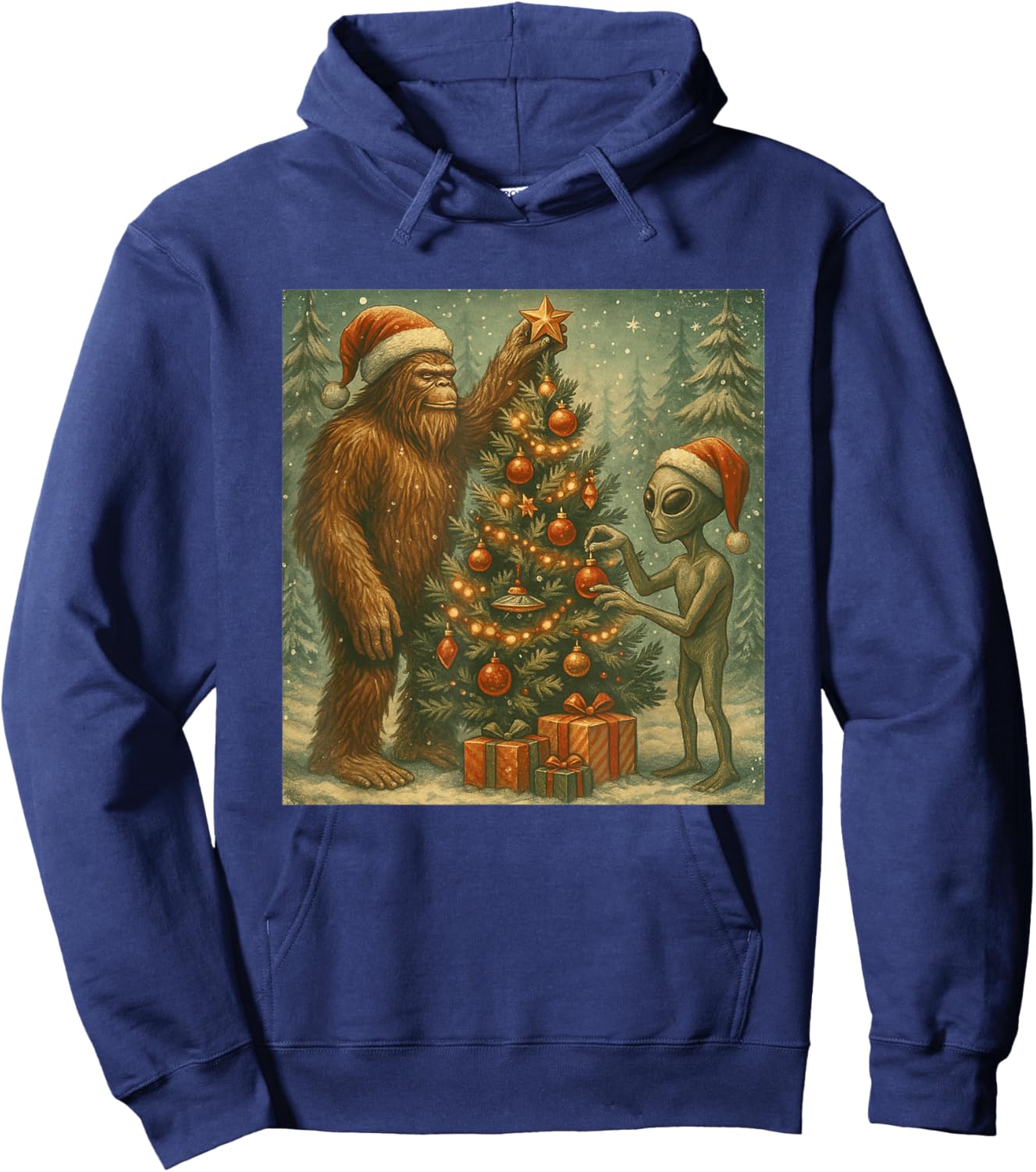 Alien and Bigfoot Decorating Christmas Tree Sasquatch Retro Hoodie - Hoodie | Navy