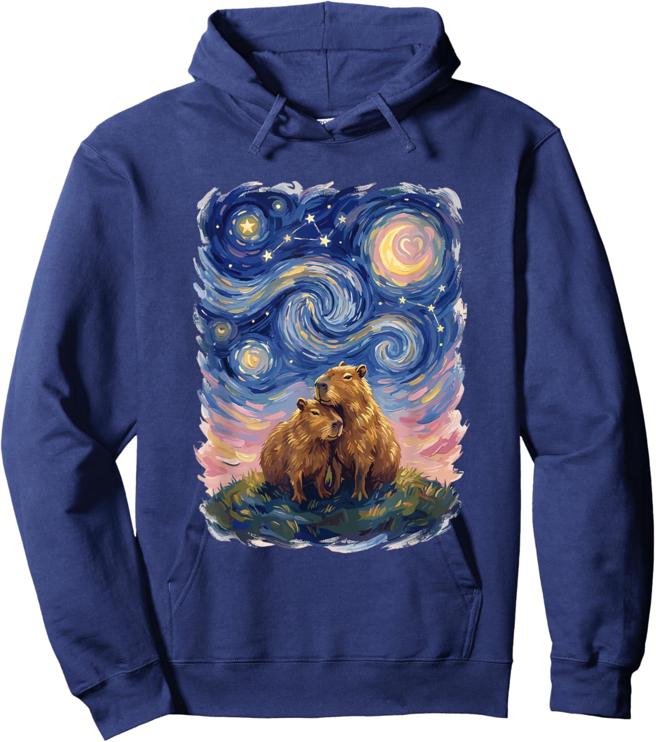 Starry Night Capybara Couple Art Parody Valentine's Day Hoodie - Hoodie | Navy